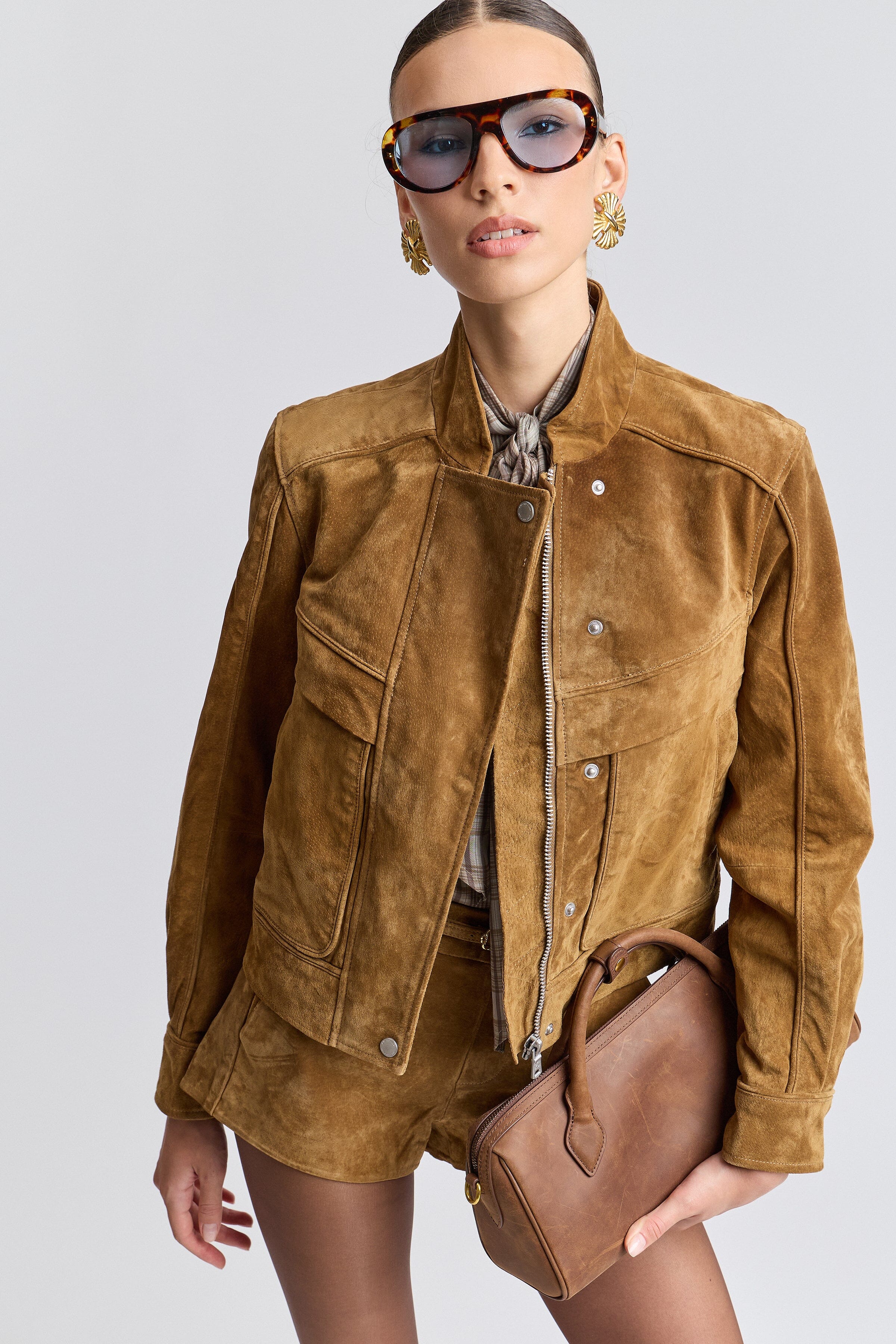 Women's light brown suede jacket with asymmetrical fronts - Shop designer suede jackets by Avec Les Filles.