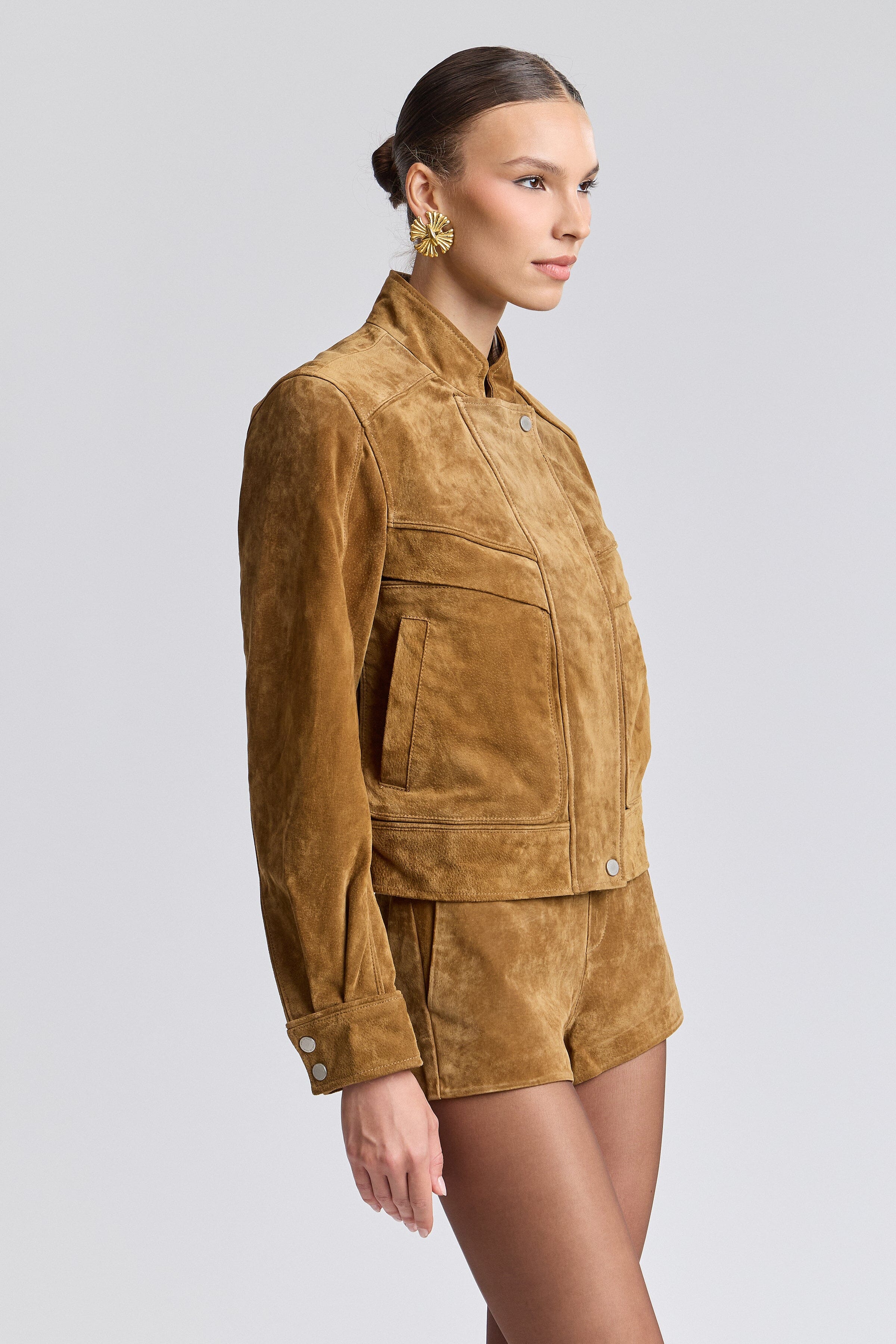 Light brown women's suede bomber jacket with long sleeves - Shop designer suede jackets by Avec Les Filles.