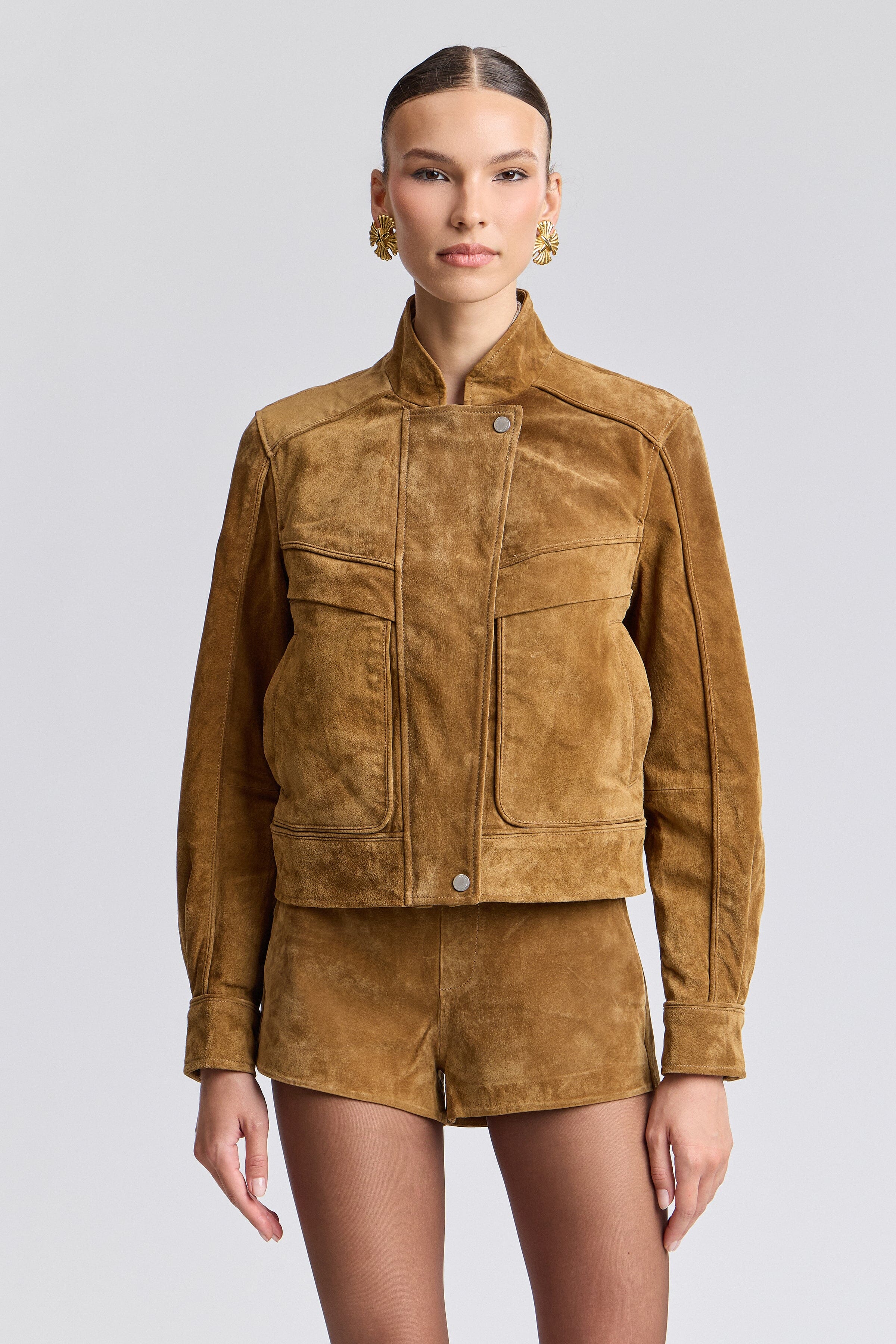 Womens suede brown jacket with asymmetrical fronts - Shop designer jackets by Avec Les Filles.
