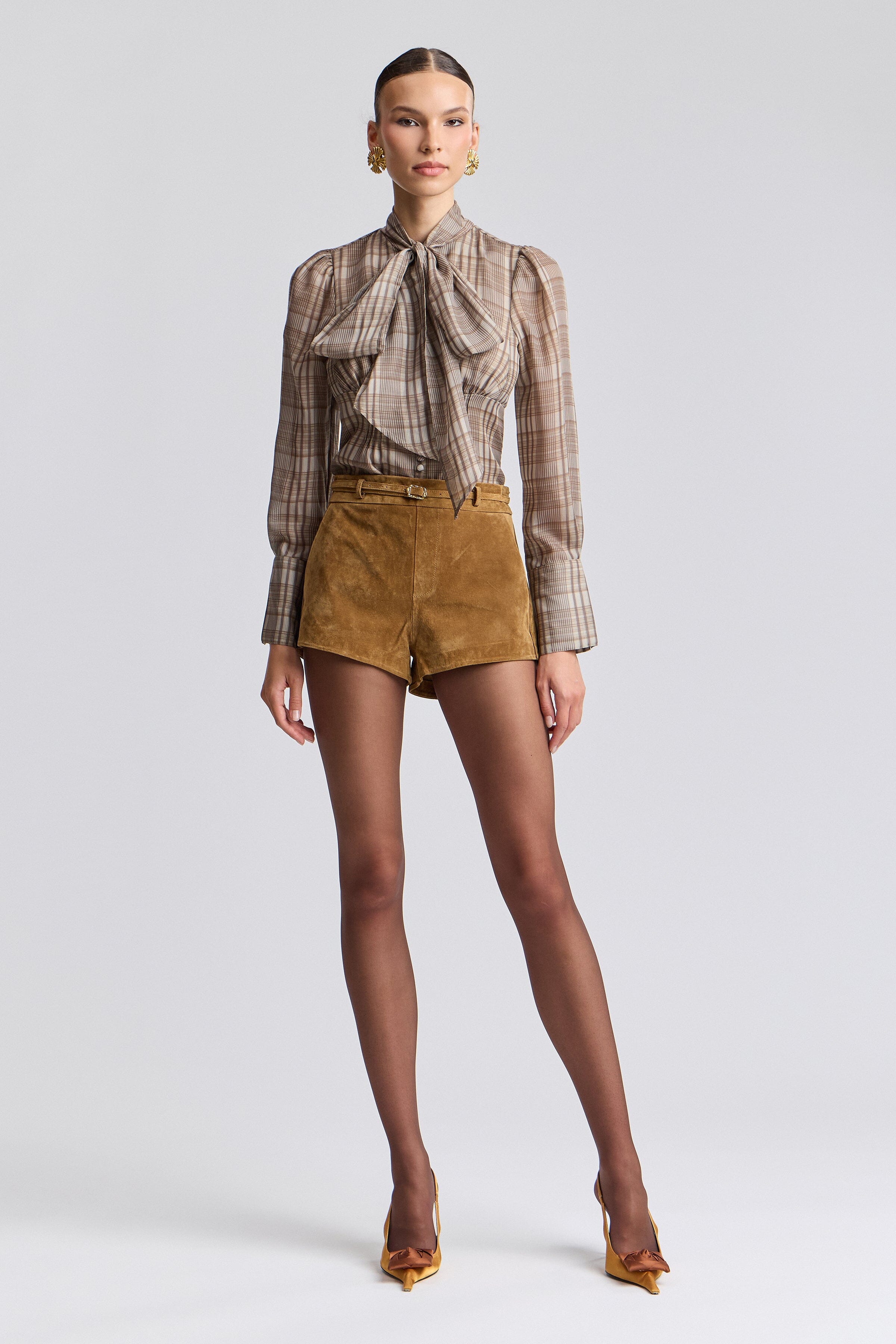 High-rise brown shorts suede with a belt - Shop designer women's cute micro shorts by Avec Less Filles.