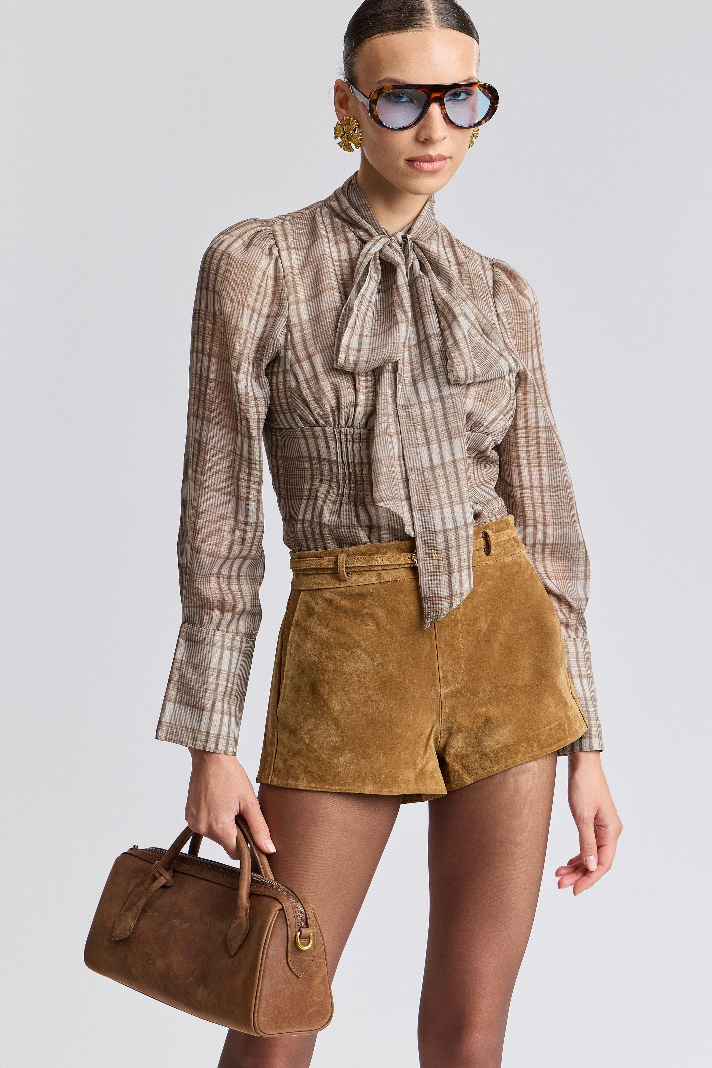 High-rise brown suede micro shorts with a belt - Shop designer women's cute micro shorts by Avec Less Filles.