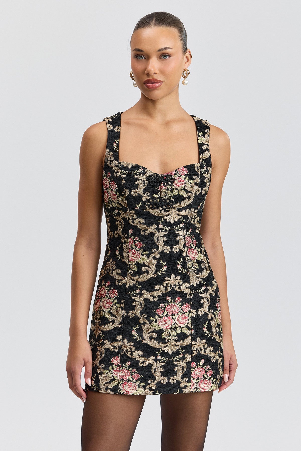 Jacquard sleeveless black floral mini dress with wide shoulder straps - Shop mini floral dresses by Avec Les Filles.