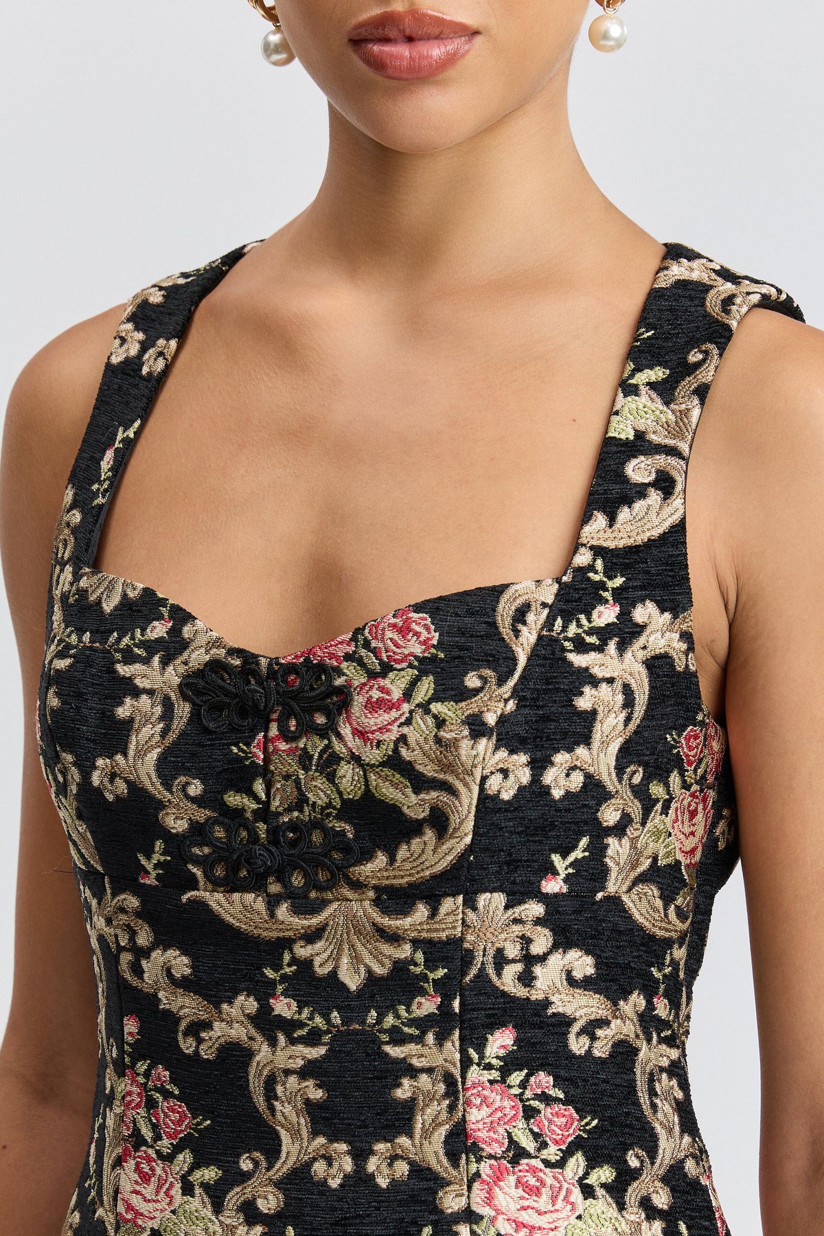Jacquard black floral dress with sweetheart neck and wide straps - Shop mini floral dresses by Avec Les Filles.