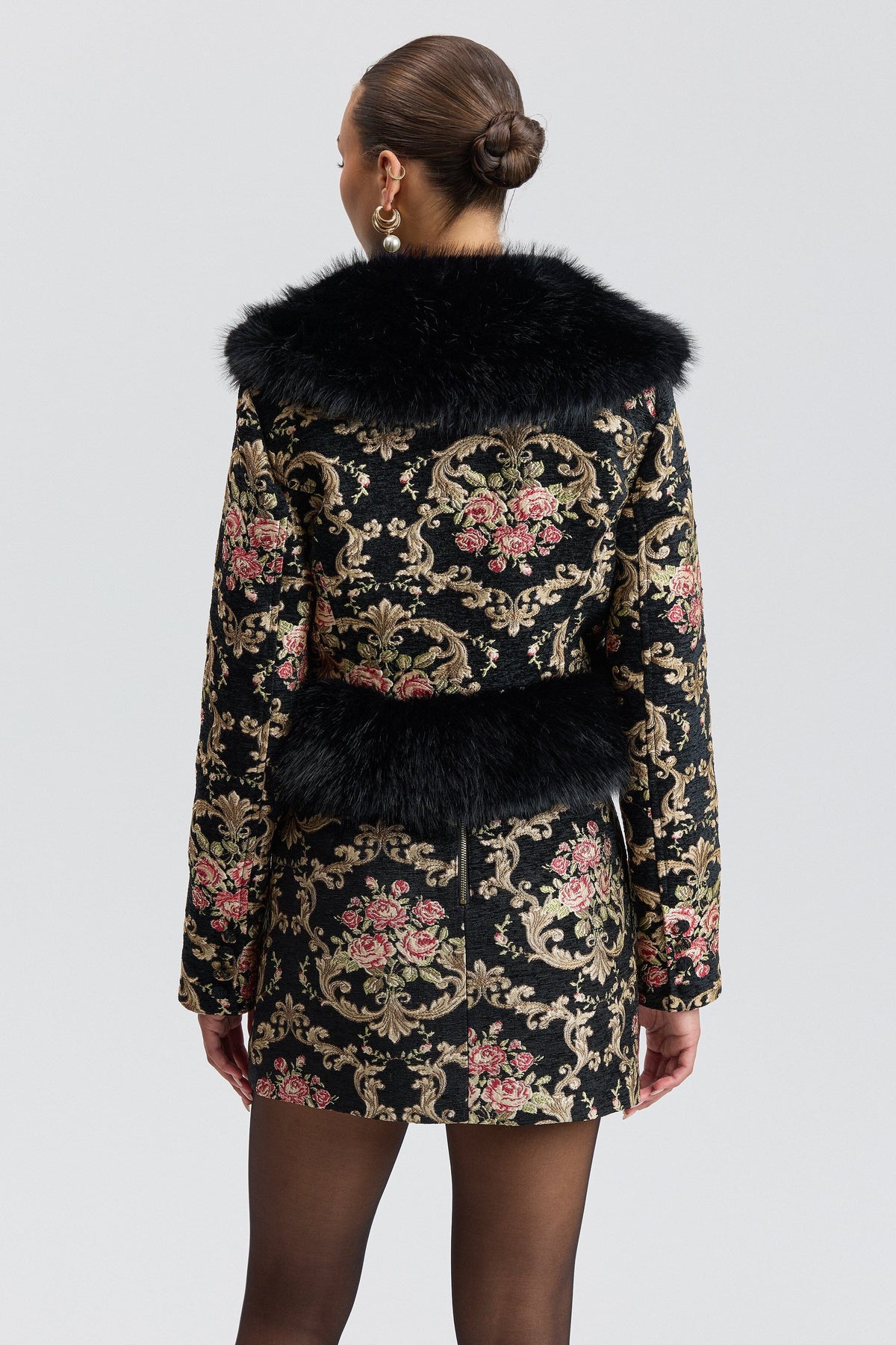 Faux-fur-trimmed flocked brocade black floral jacket - Shop designer women's cute floral jackets by Avec Les Filles.