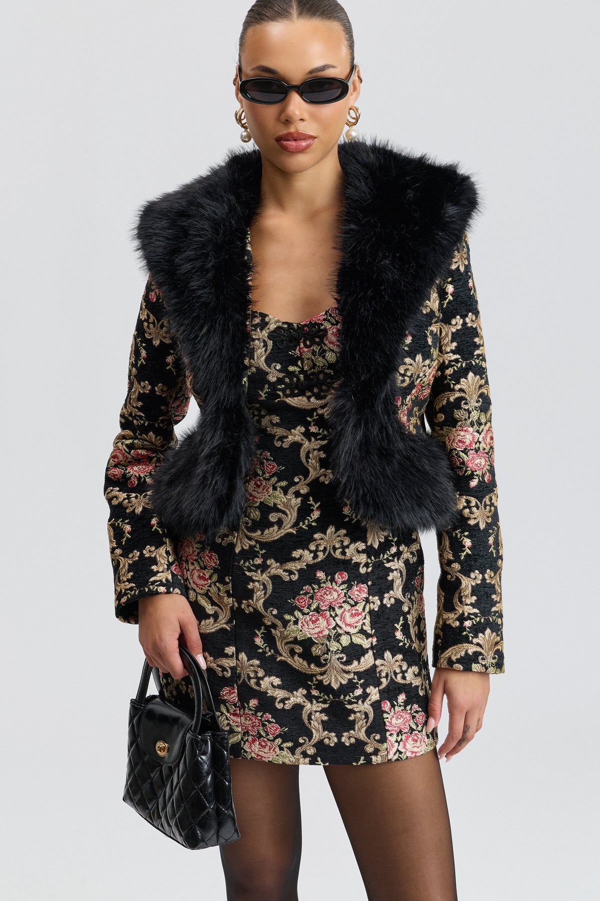 Flocked brocade black faux fur jacket with a shawl collar - Shop women's cute floral jackets by Avec Les Filles.