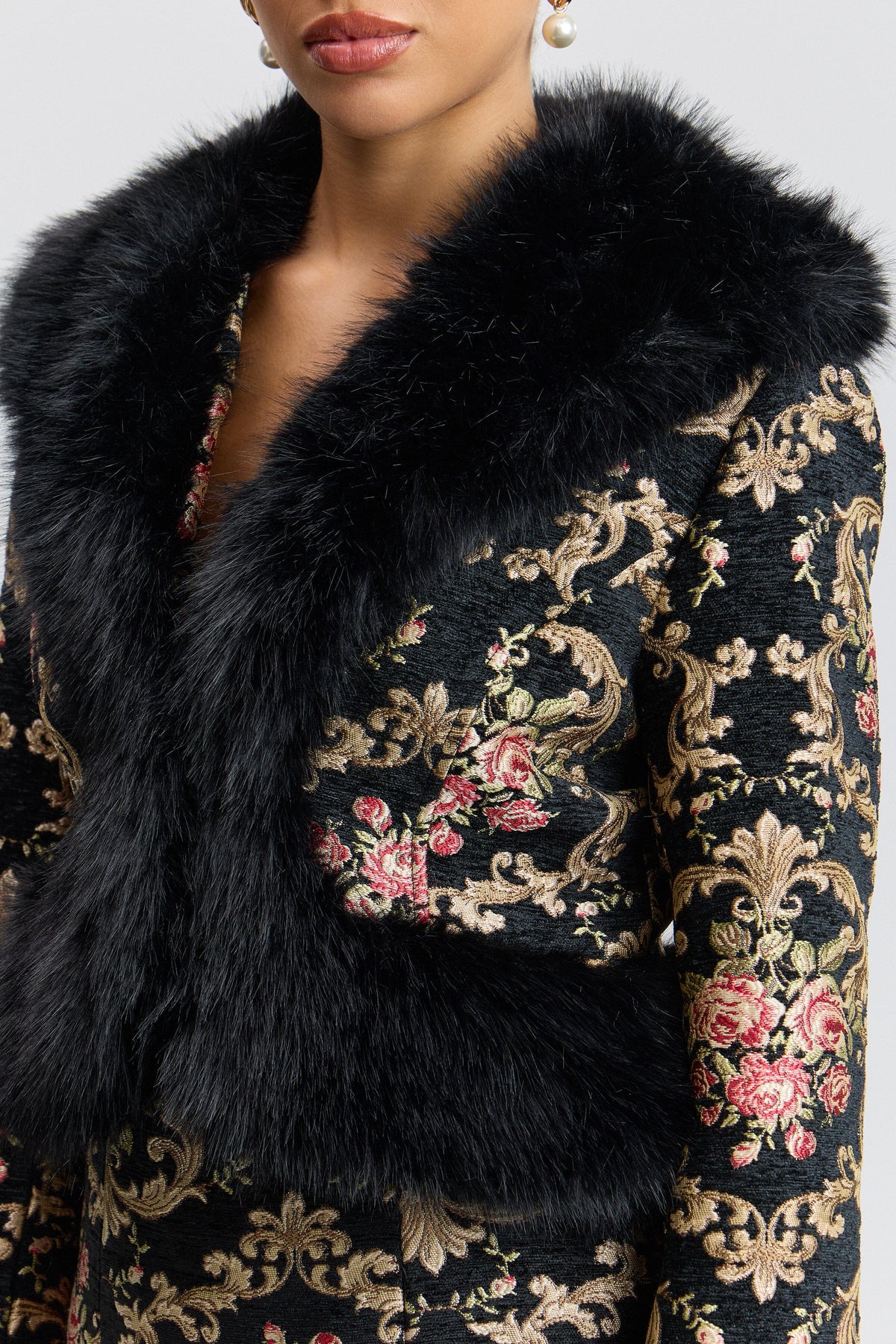 Black floral fitted jacket with a shawl collar and front pockets - Shop designer women's floral jackets by Avec Les Filles.