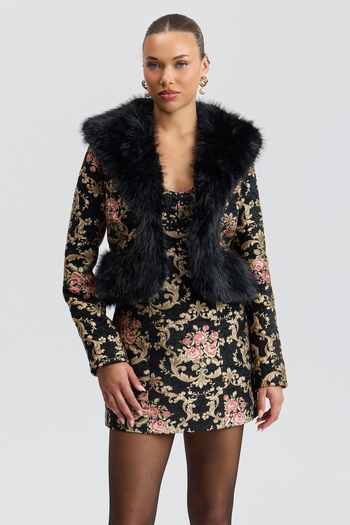 Flocked brocade black faux fur trim jacket with a shawl collar - Shop designer women's floral jackets by Avec Les Filles.