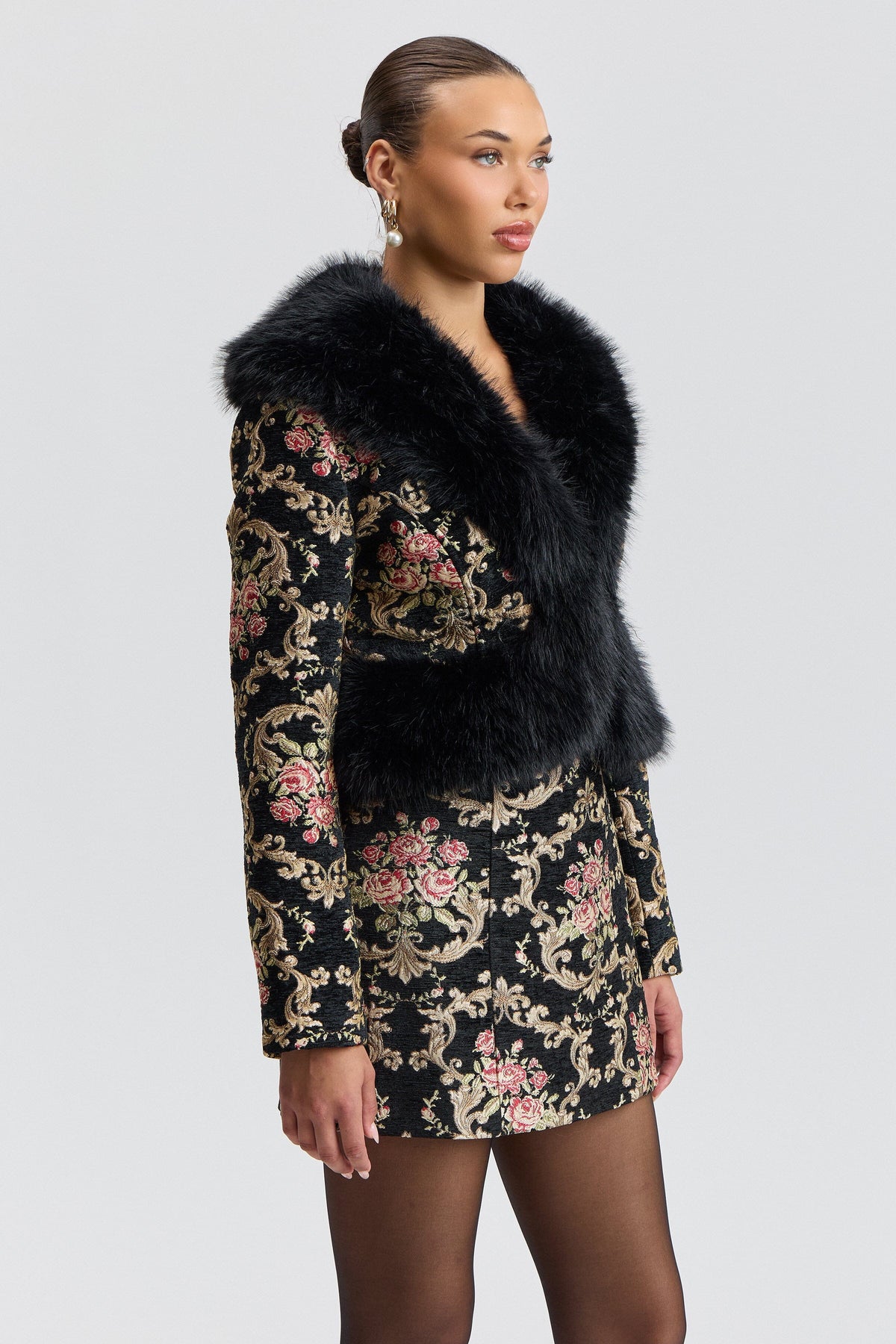Brocade black faux fur trim coat with a shawl collar - Shop designer women's cute floral jackets by Avec Les Filles.