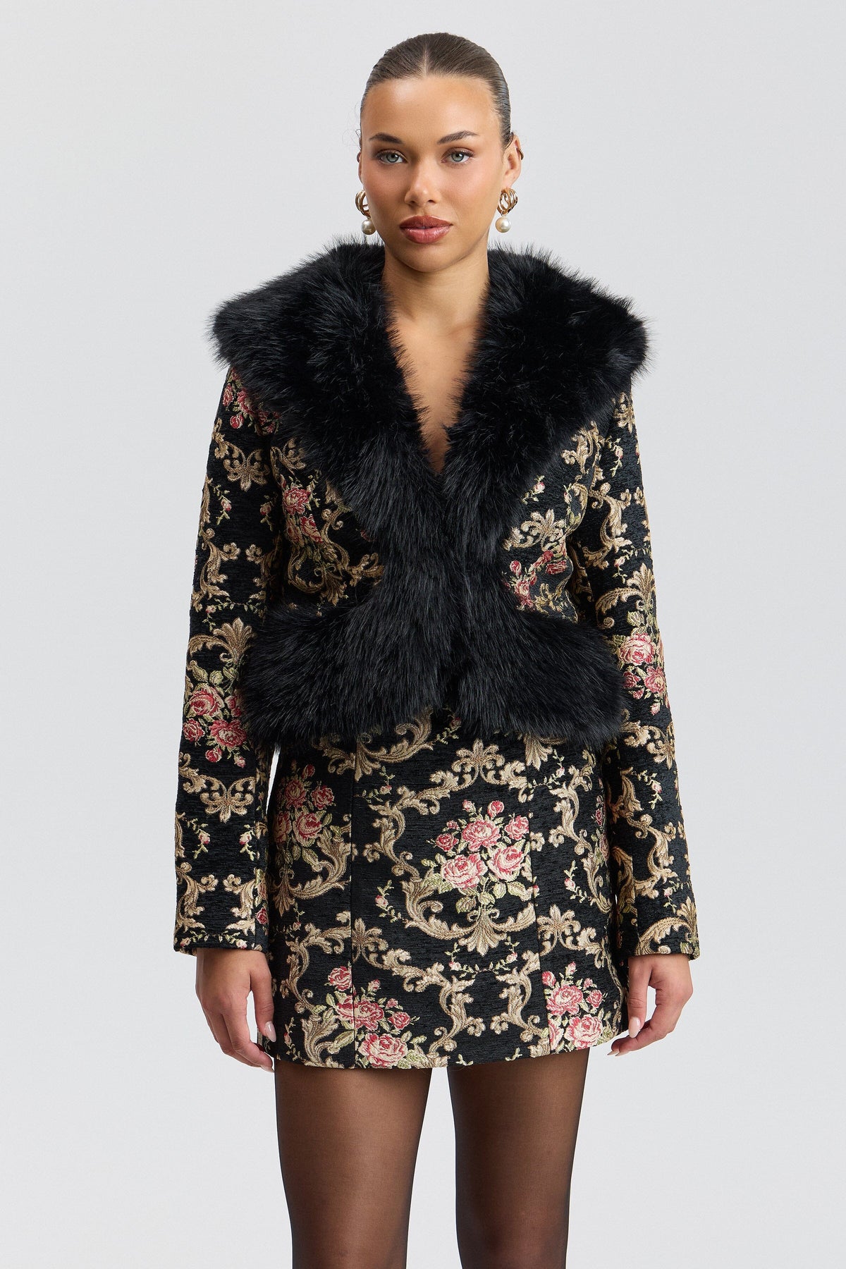 Faux-fur-trimmed flocked brocade black floral jacket with shawl collar - Shop women's floral jackets by Avec Les Filles.