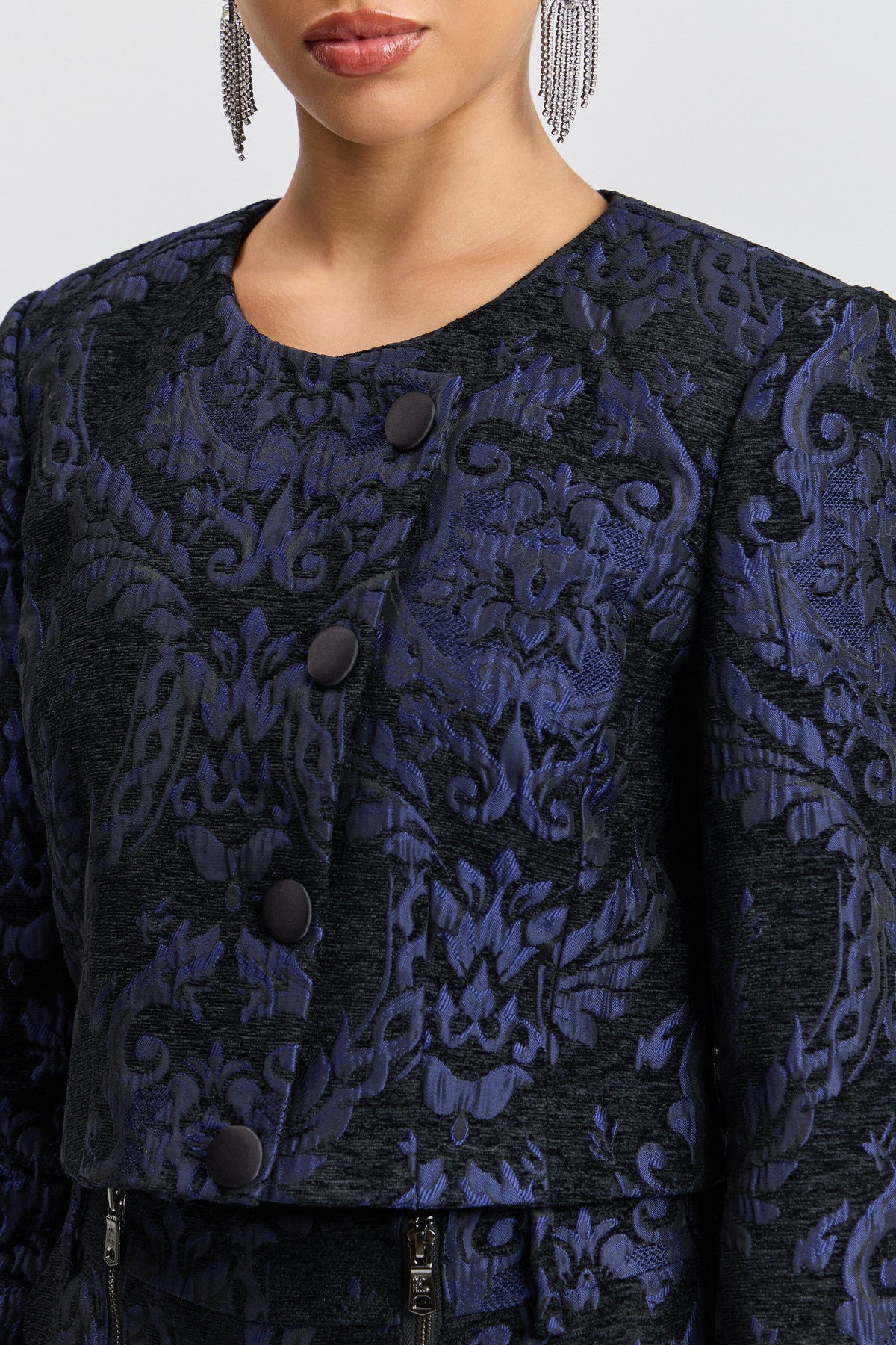 Flocked brocade navy blue blazer cropped with asymmetrical front - Shop women's navy blazers by Avec Les Filles.