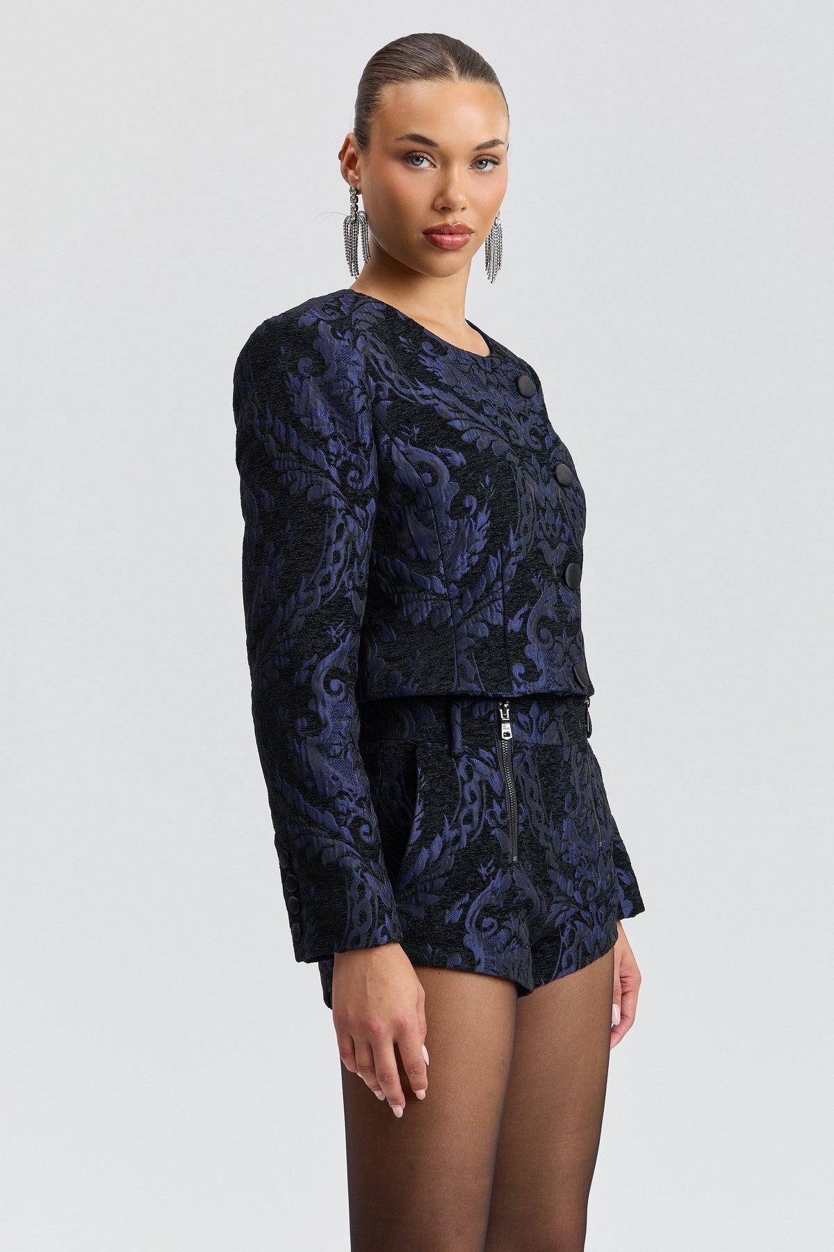Flocked brocade navy blue crop blazer with an asymmetrical front - Shop women's navy blazers by Avec Les Filles.