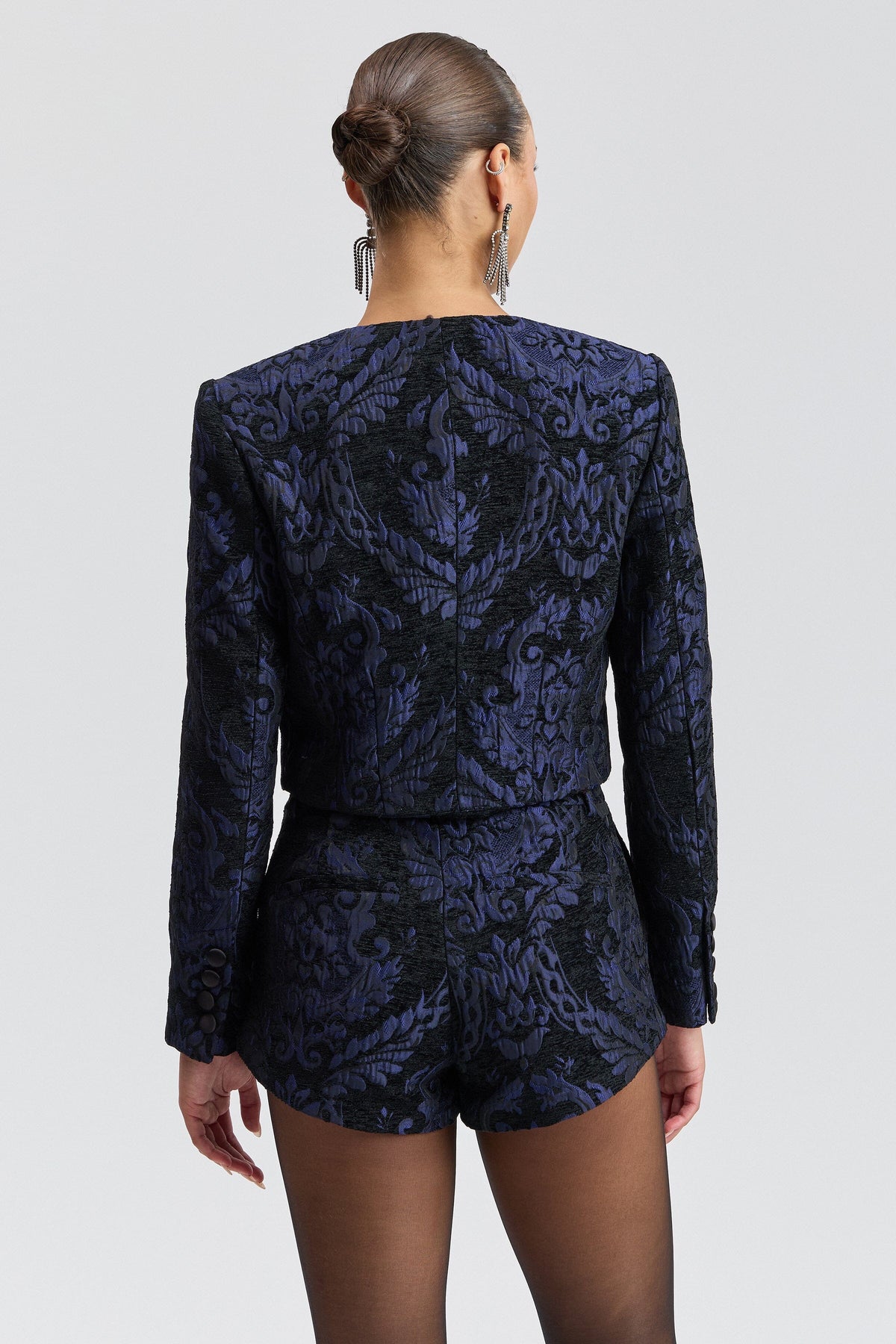 Flocked brocade navy blue floral women blazer with asymmetrical front - Shop women's navy blazers by Avec Les Filles.