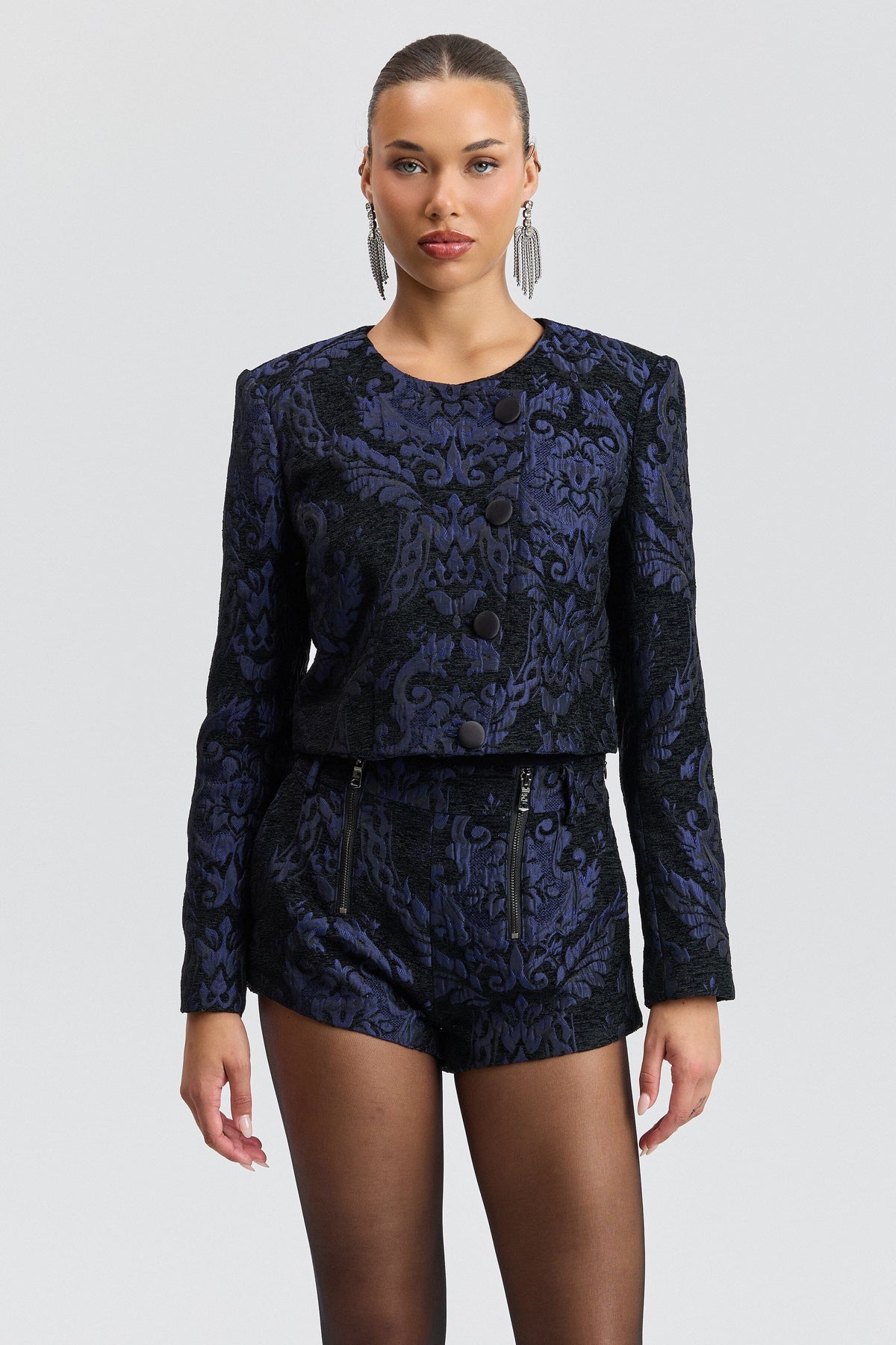 Flocked brocade navy blue cropped floral blazer with an asymmetrical front - Shop women's navy blazers by Avec Les Filles.
