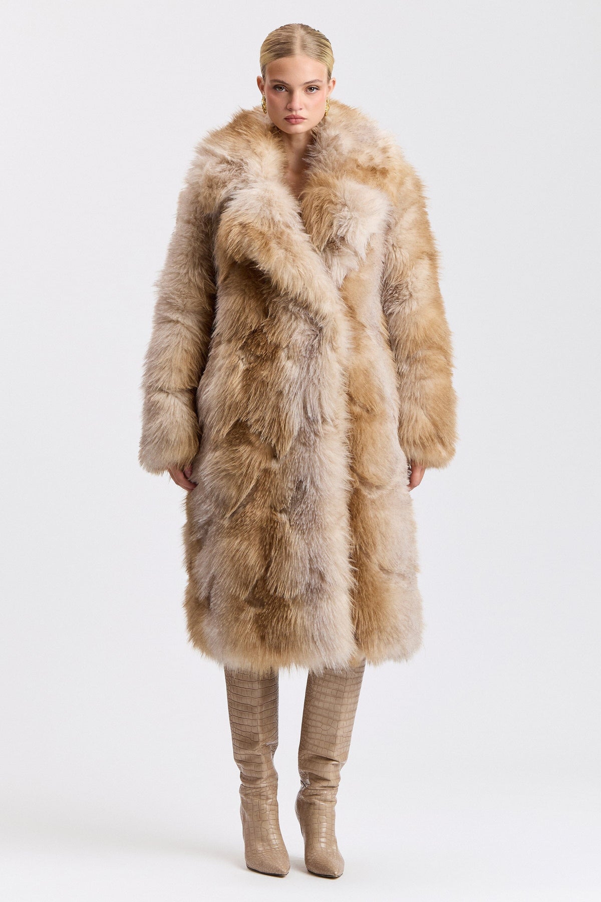 Beige faux fur jackets with wide collar and button front. Shop designer women's cute brown long coats by Avec Les Filles.