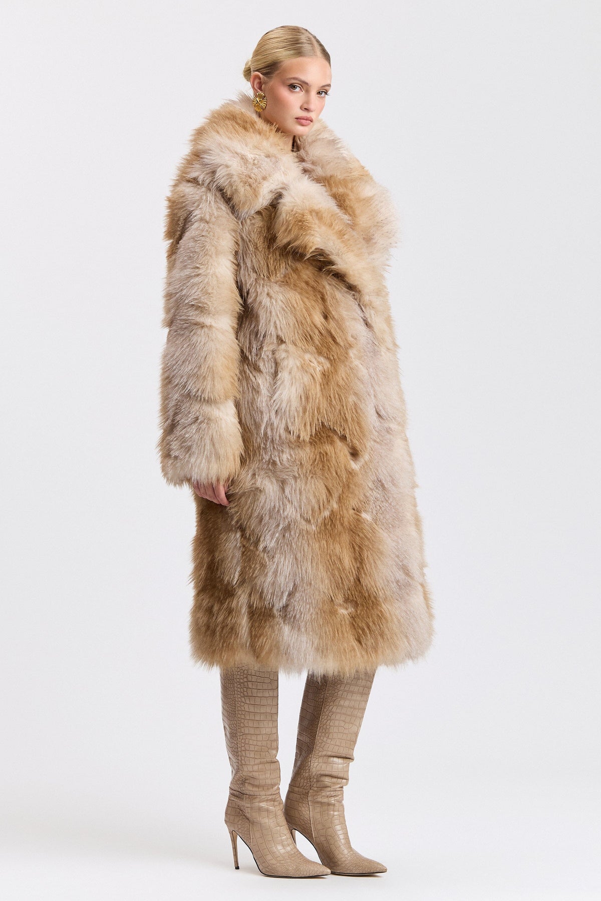 Beige long faux fur jacket with wide collar and button front. Shop designer women's cute brown long coats by Avec Les Filles.