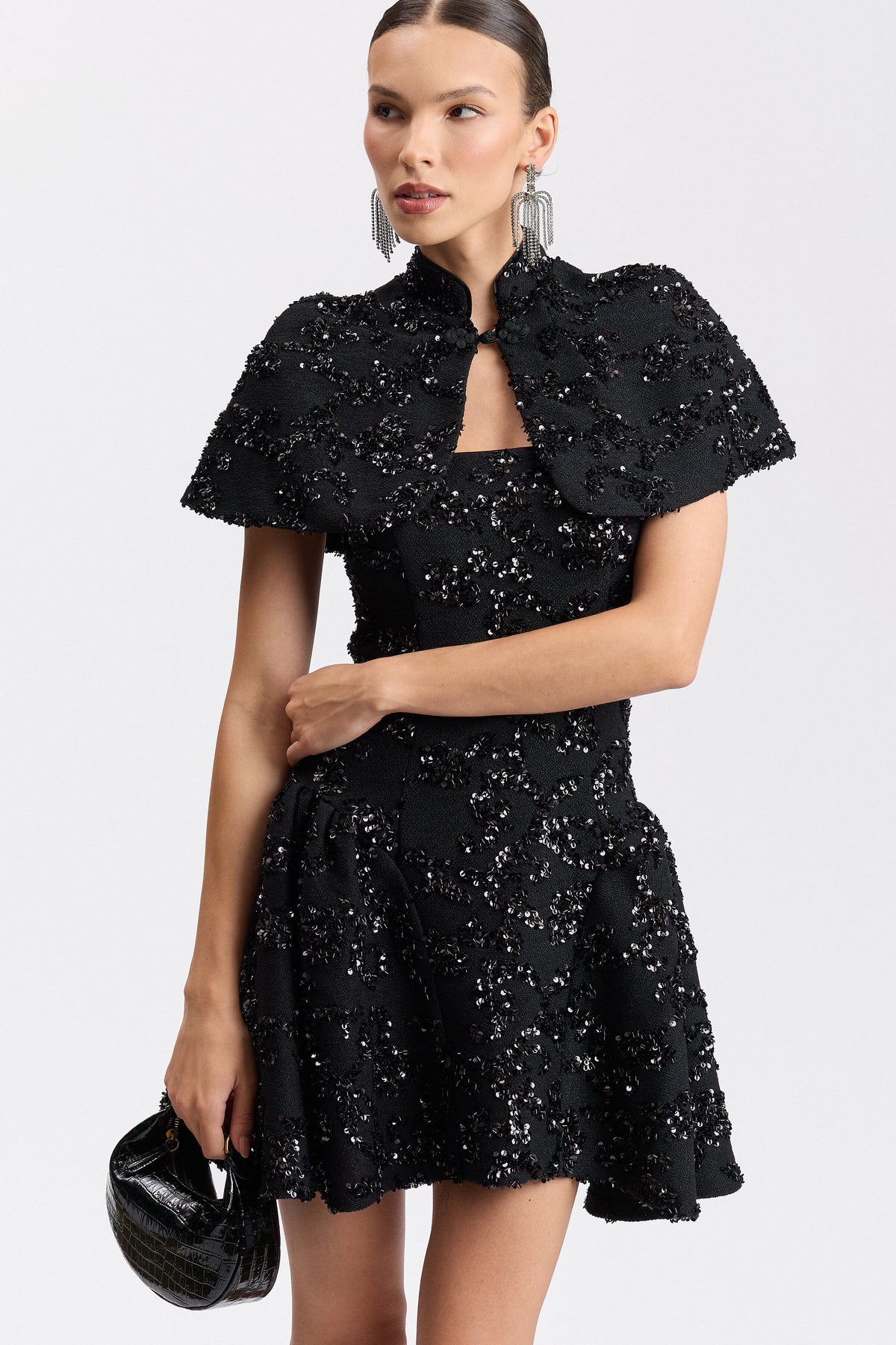 Fit-and-flare black embellished dress with short sleeves - Shop women's cute black mini dresses by Avec Les Filles.