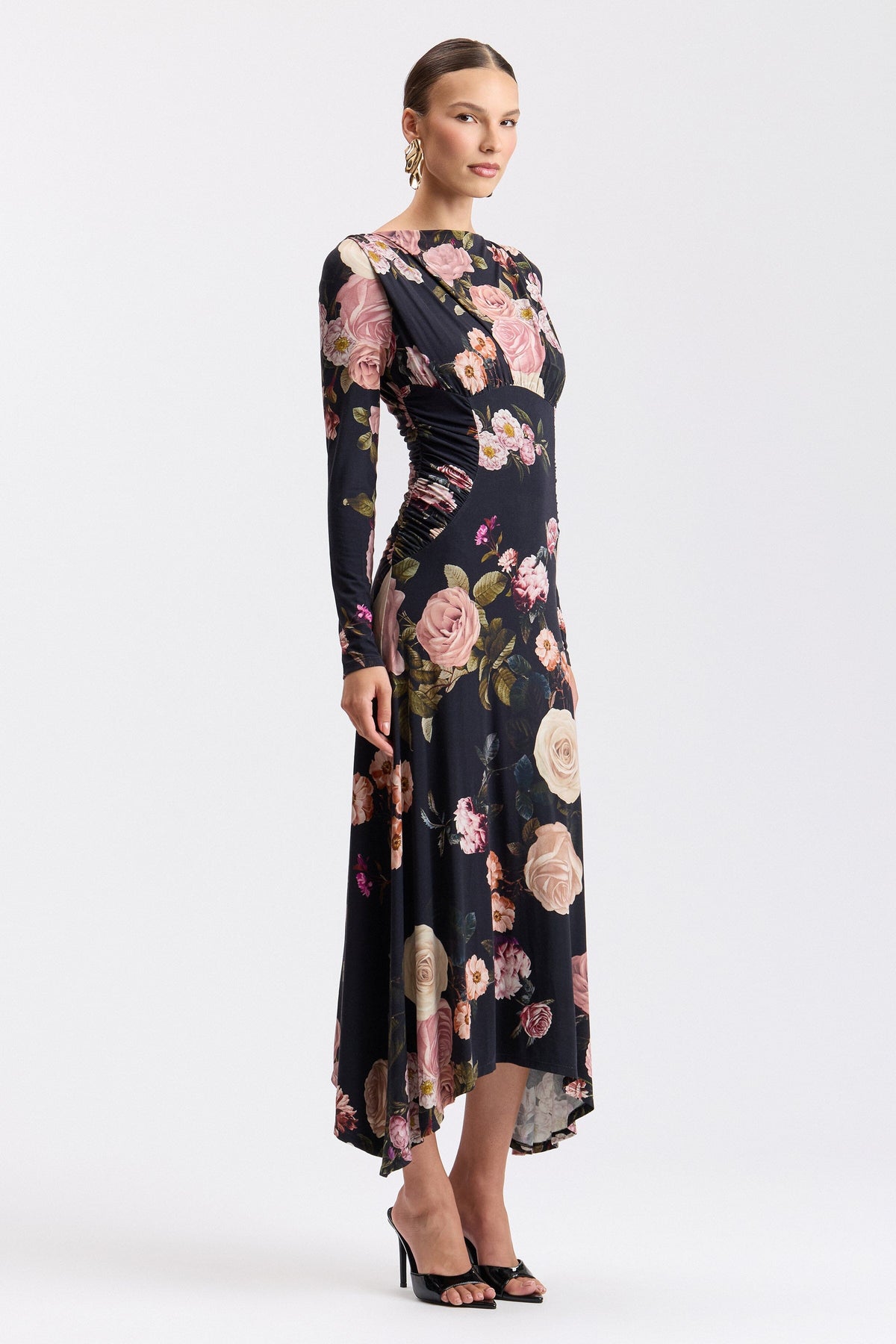 Black floral long sleeve dress with draped cowl neck and high-low hem. Shop women's midi dresses by Avec Les Filles.