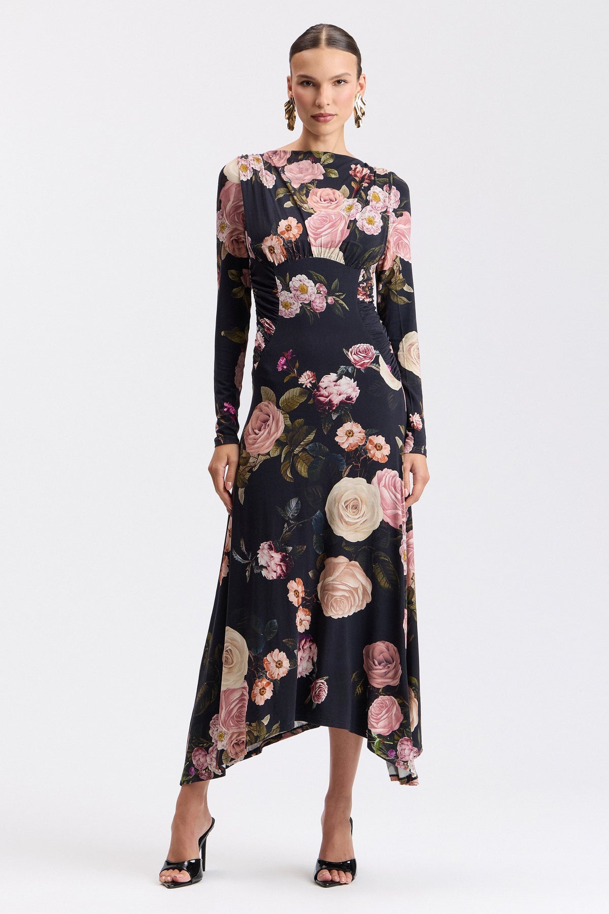 Shirred cowl-neck black floral midi dress with high-low hem - Shop designer women's midi dresses by Avec Les Filles.