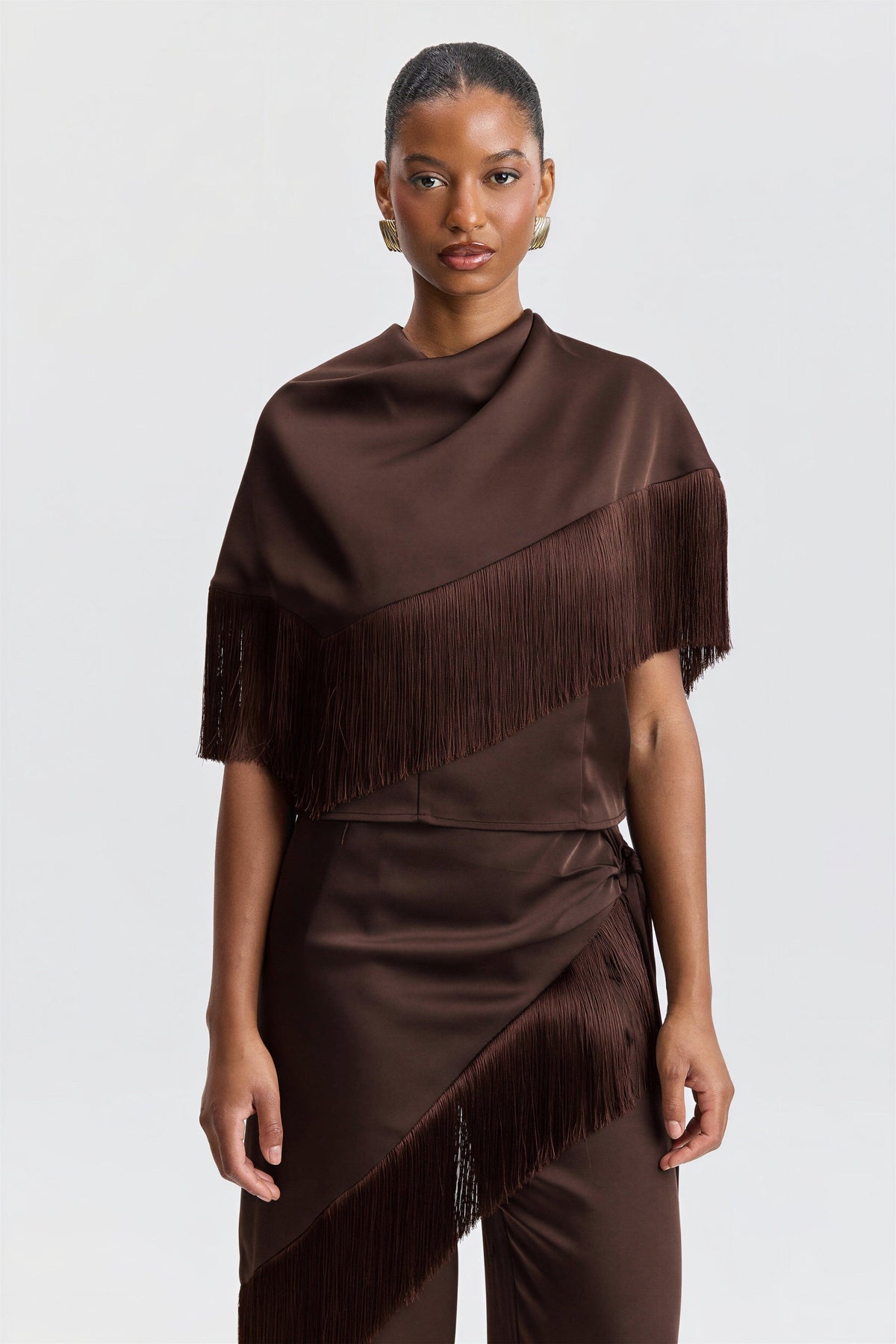 Satin brown halter fringe top womens with an asymmetric bandana-style cape. Shop cute brown tops by Avec Les Filles.