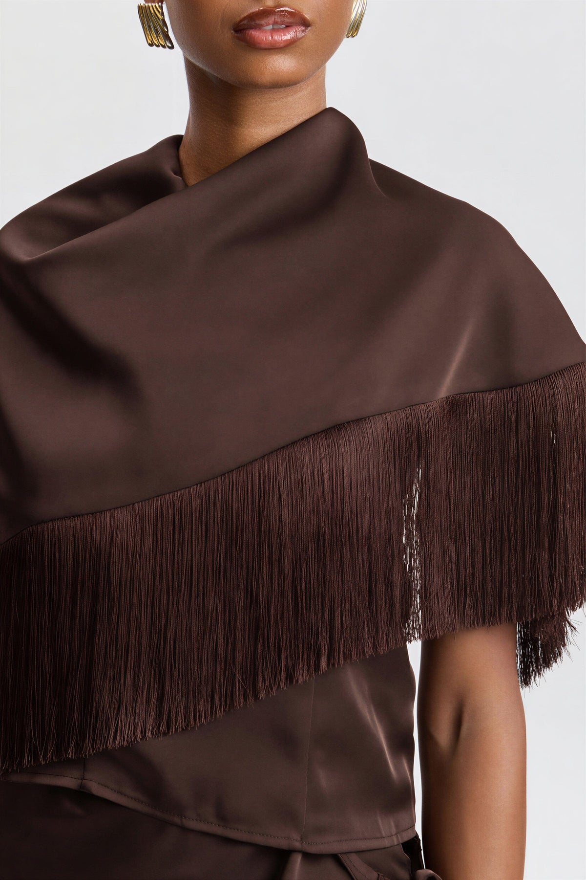 Womens brown top with an asymmetric bandana-style cape. Shop women's cute brown tops by Avec Les Filles.