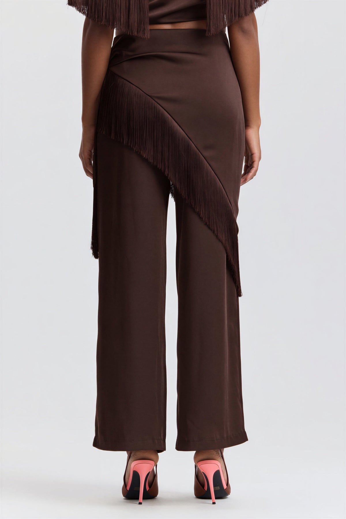 Brown satin pants with a fringed scarf and front waist pleats - Shop designer satin pants by Avec Les Filles.