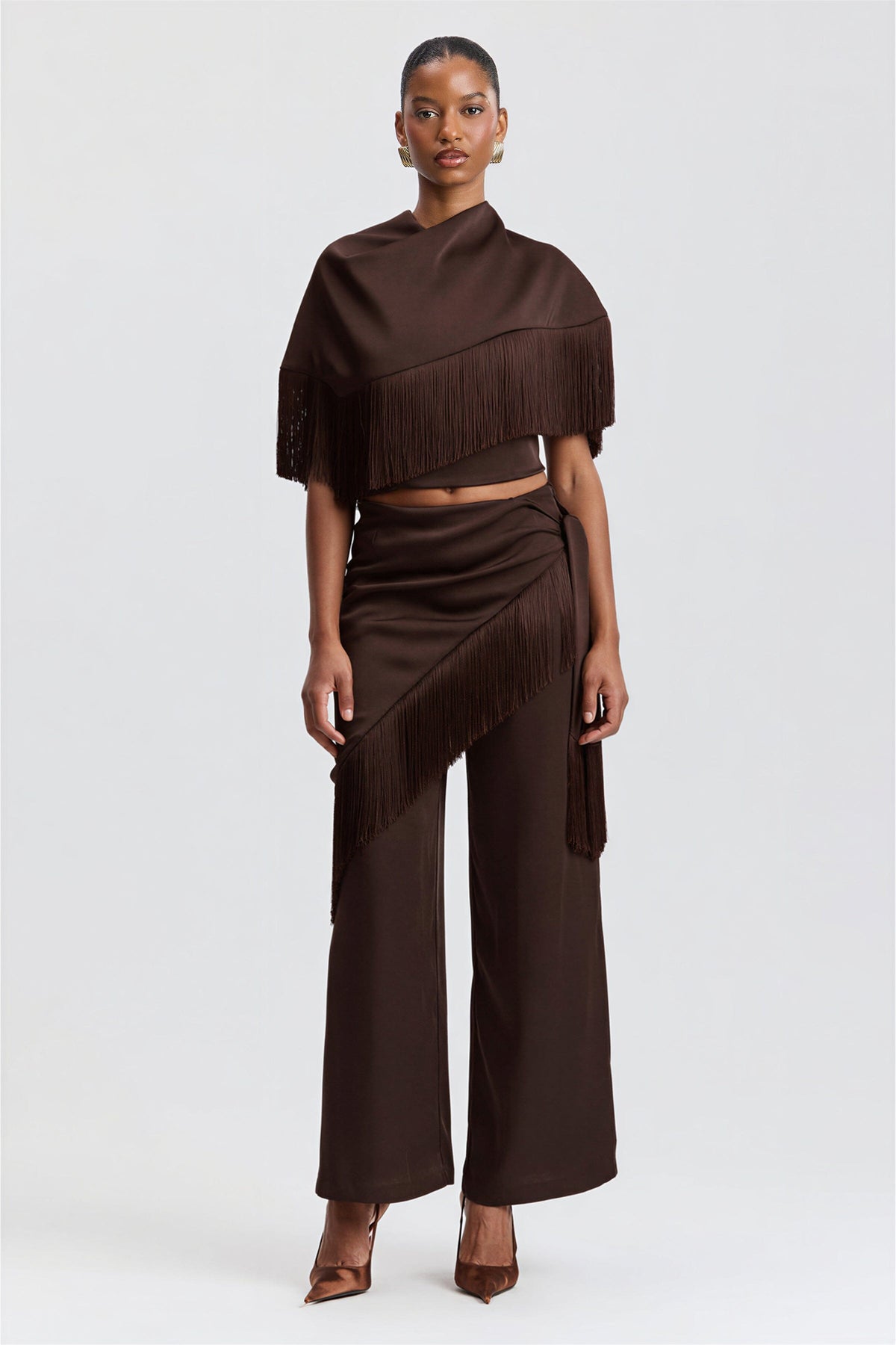 Satin brown pants with a fringed scarf and front waist pleats - Shop designer women's satin pants by Avec Les Filles.