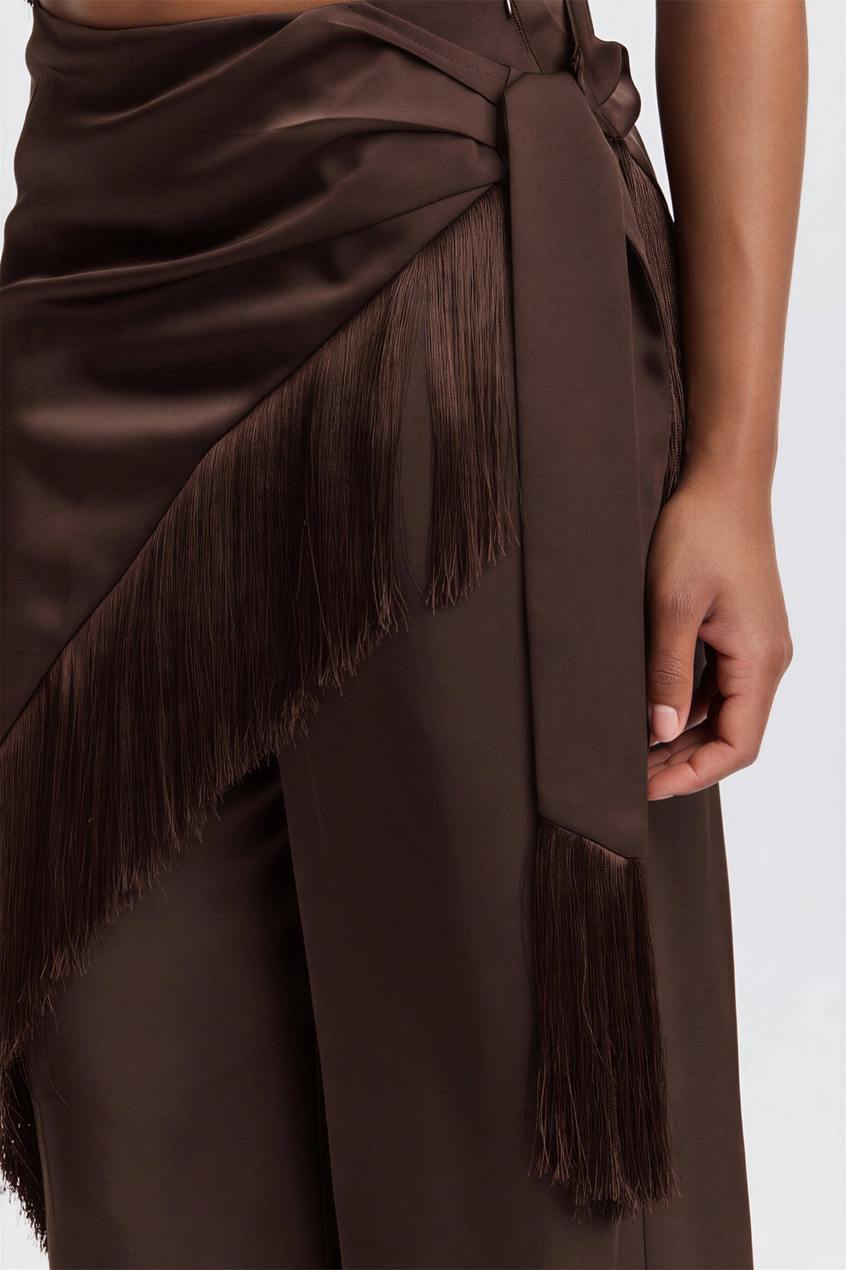 Satin brown satin pant with a fringed scarf and front waist pleats - Shop women's satin pants by Avec Les Filles.