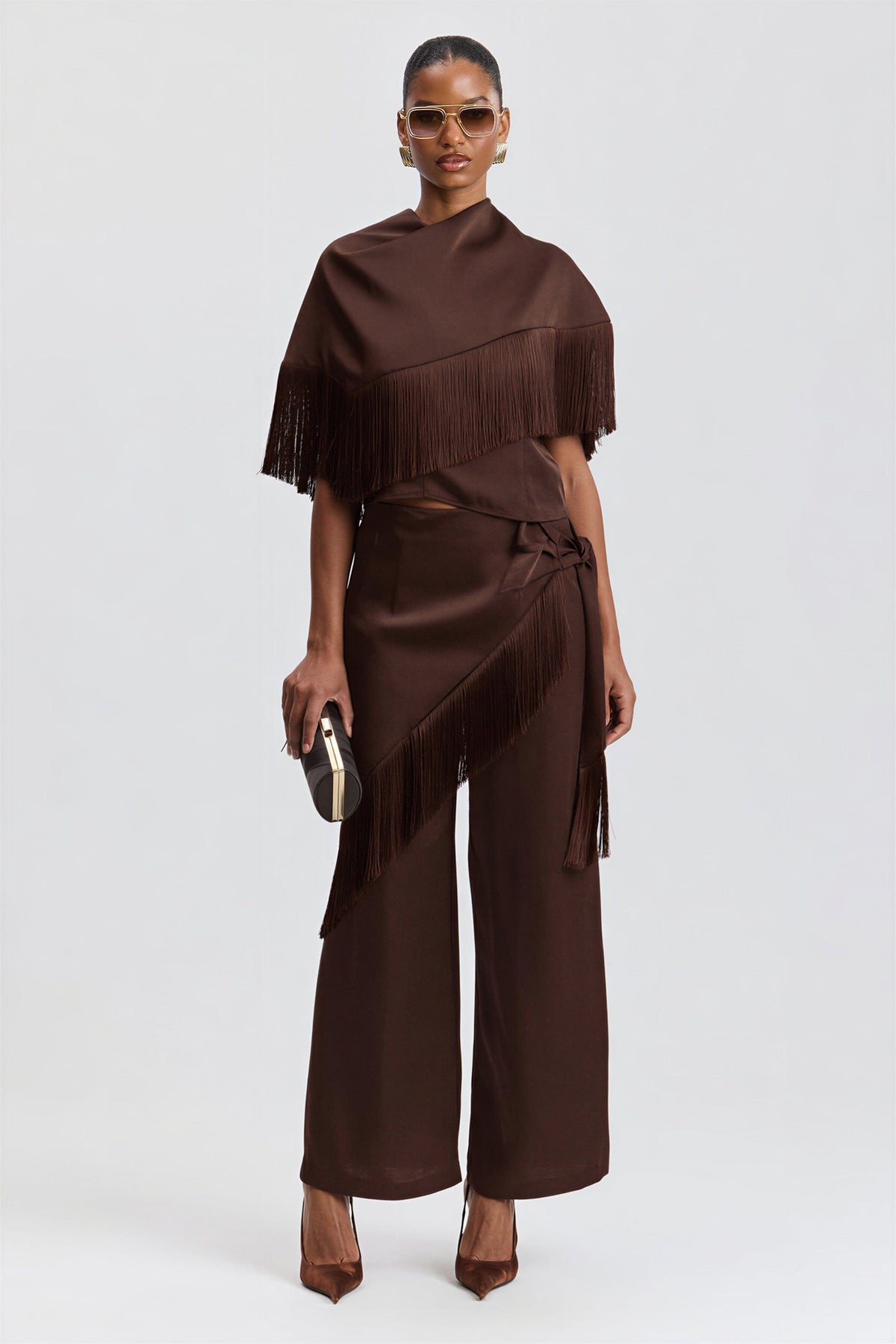 Brown satin pants with a fringed scarf and front waist pleats - Shop women's cute satin pants by Avec Les Filles.