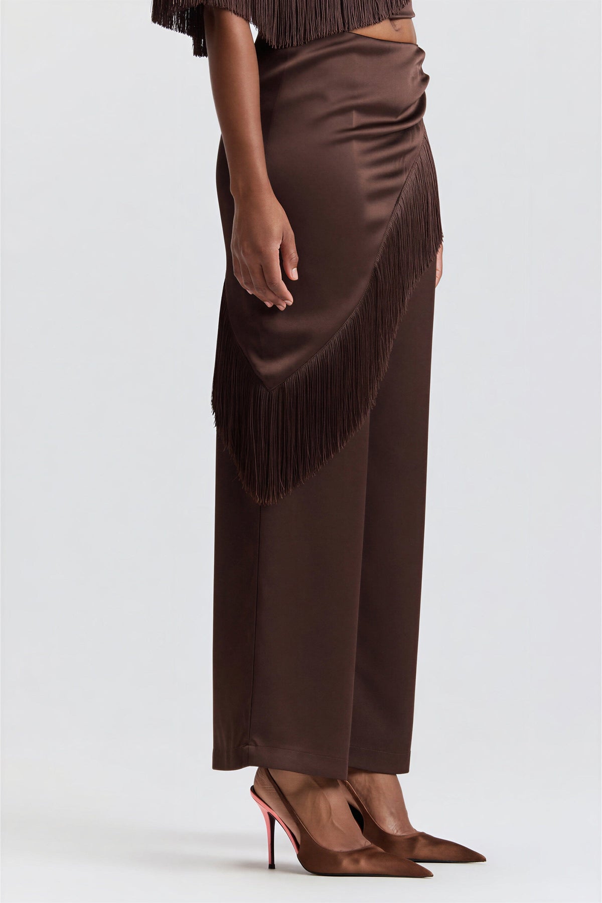Satin brown satin pants with a fringed scarf and front waist pleats - Shop womens brown pants by Avec Les Filles.
