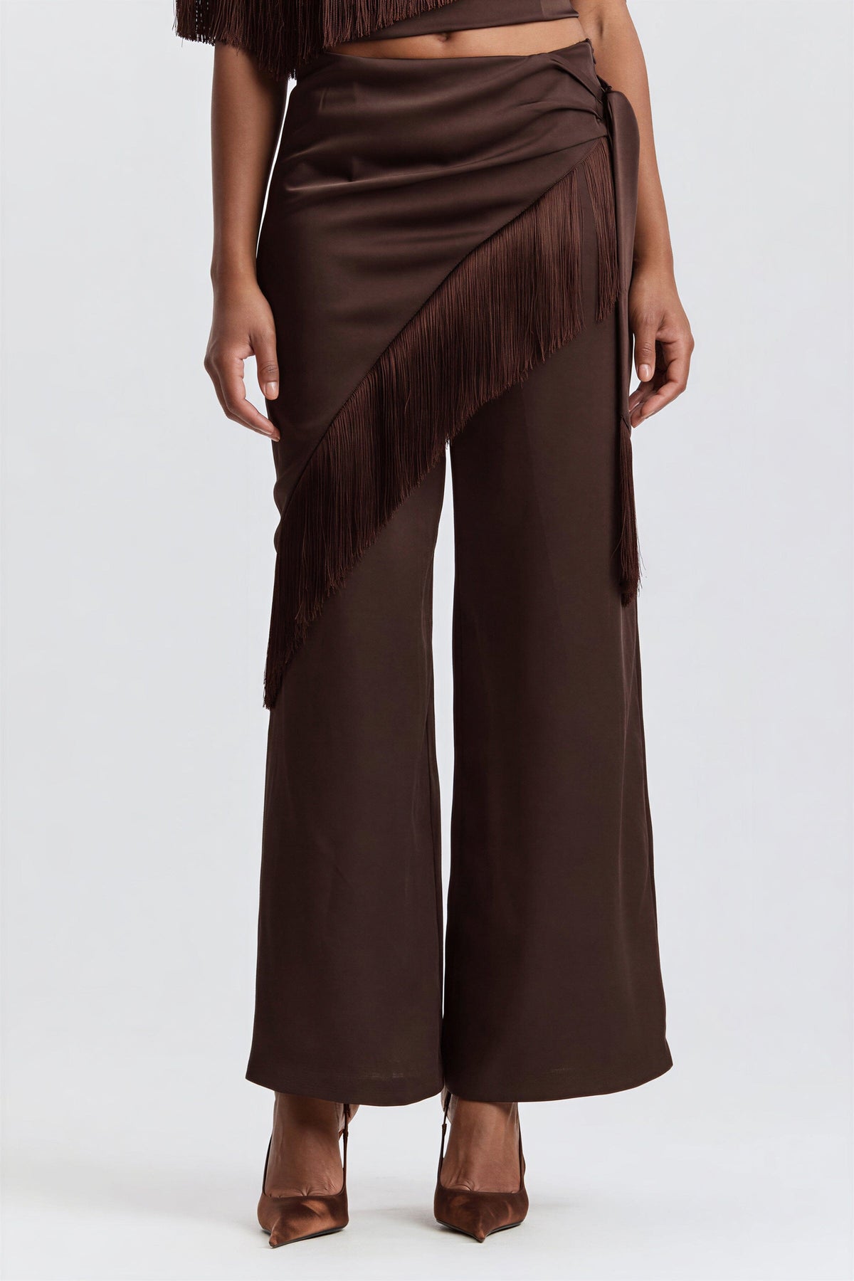Brown satin pants with a fringed scarf and front waist pleats - Shop designer satin pants by Avec Les Filles.