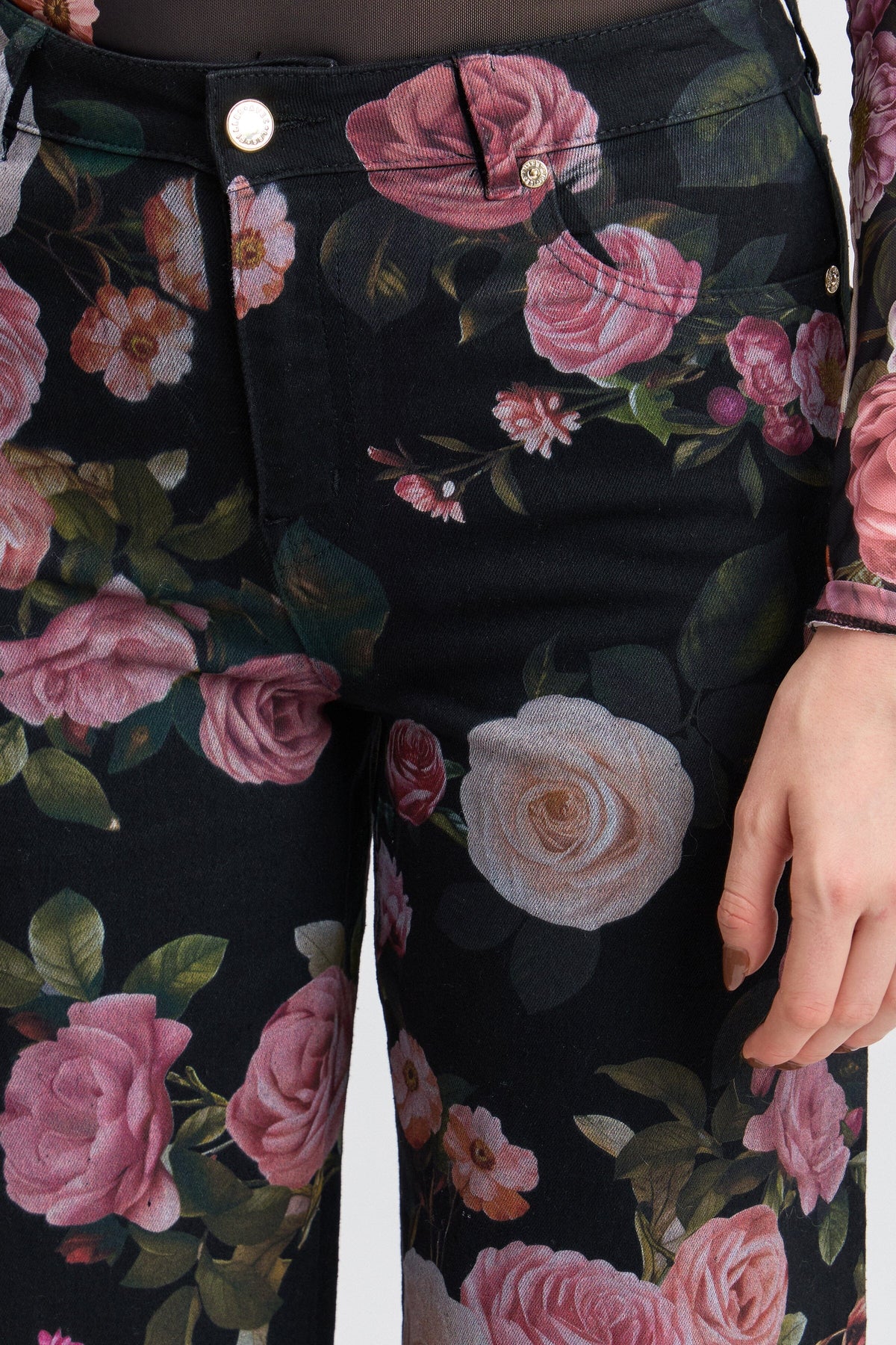Black denim floral jeans with a high-rise waist and pockets. Shop designer wide leg jeans women by Avec Les Filles.