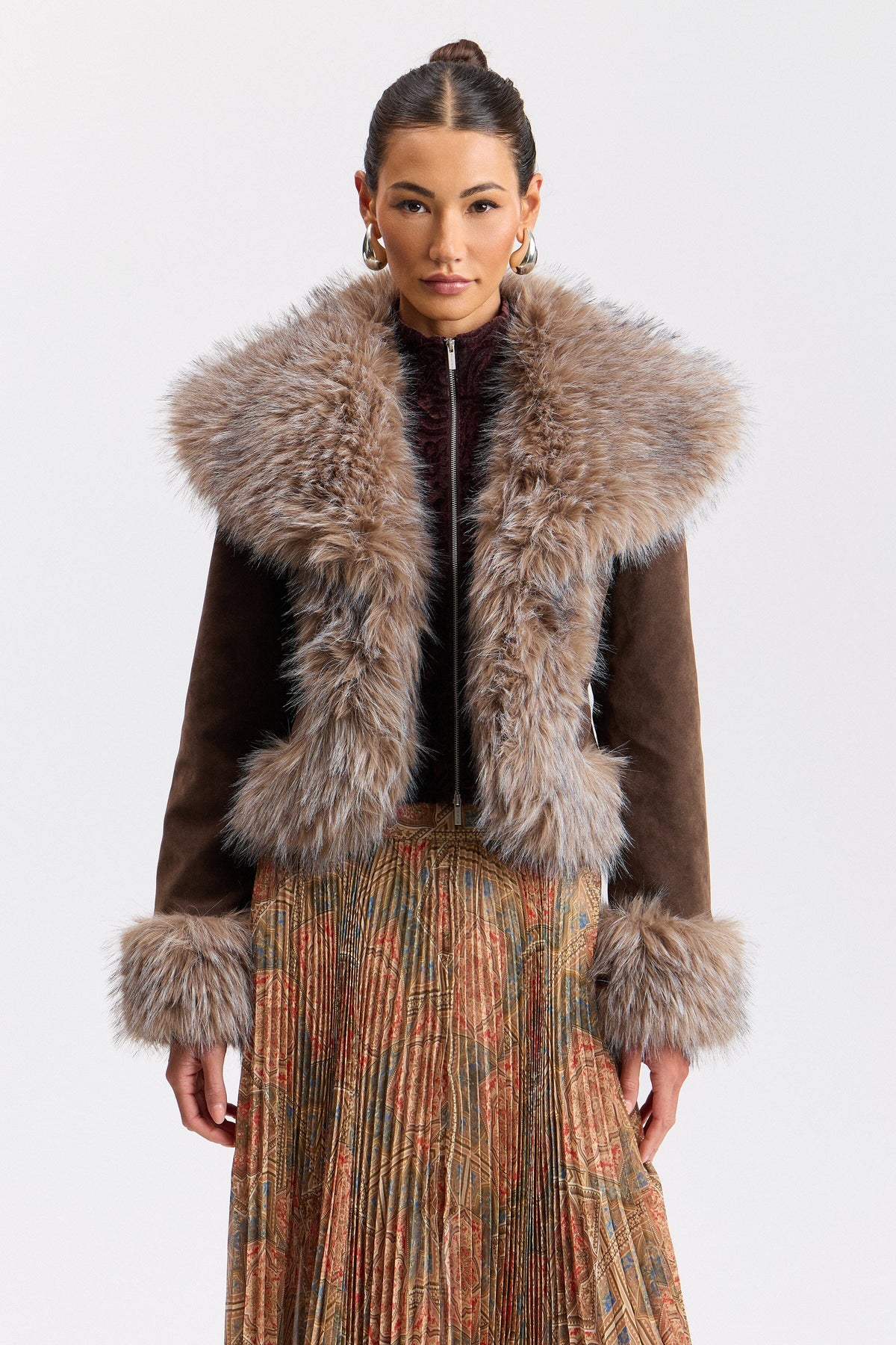 Faux suede jacket with faux fur trim coat and  shawl collar - Shop women's faux fur coats and jackets by Avec Les Filles.