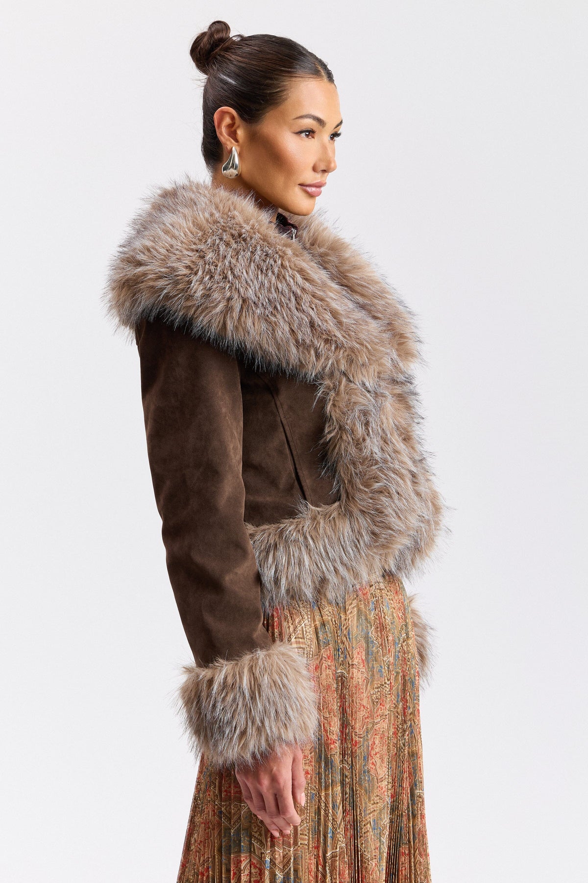 Faux suede fur trimmed jacket coat and shawl collar - Shop women's faux fur coats and jackets by Avec Les Filles.