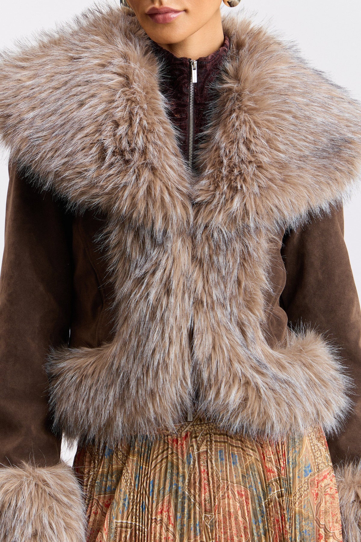 faux suede jacket womens with faux fur trim coat and shawl collar - Shop faux fur coats and jackets by Avec Les Filles.