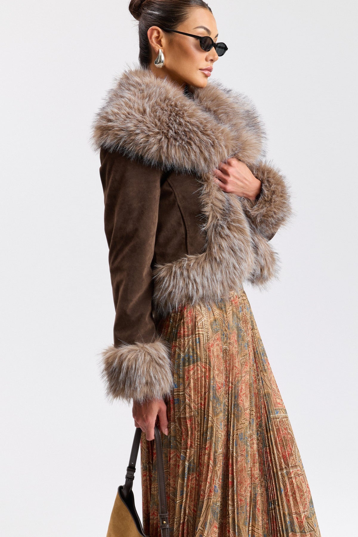 Brown faux suede fur trimmed jacket and shawl collar - Shop women's faux fur coats and jackets by Avec Les Filles.