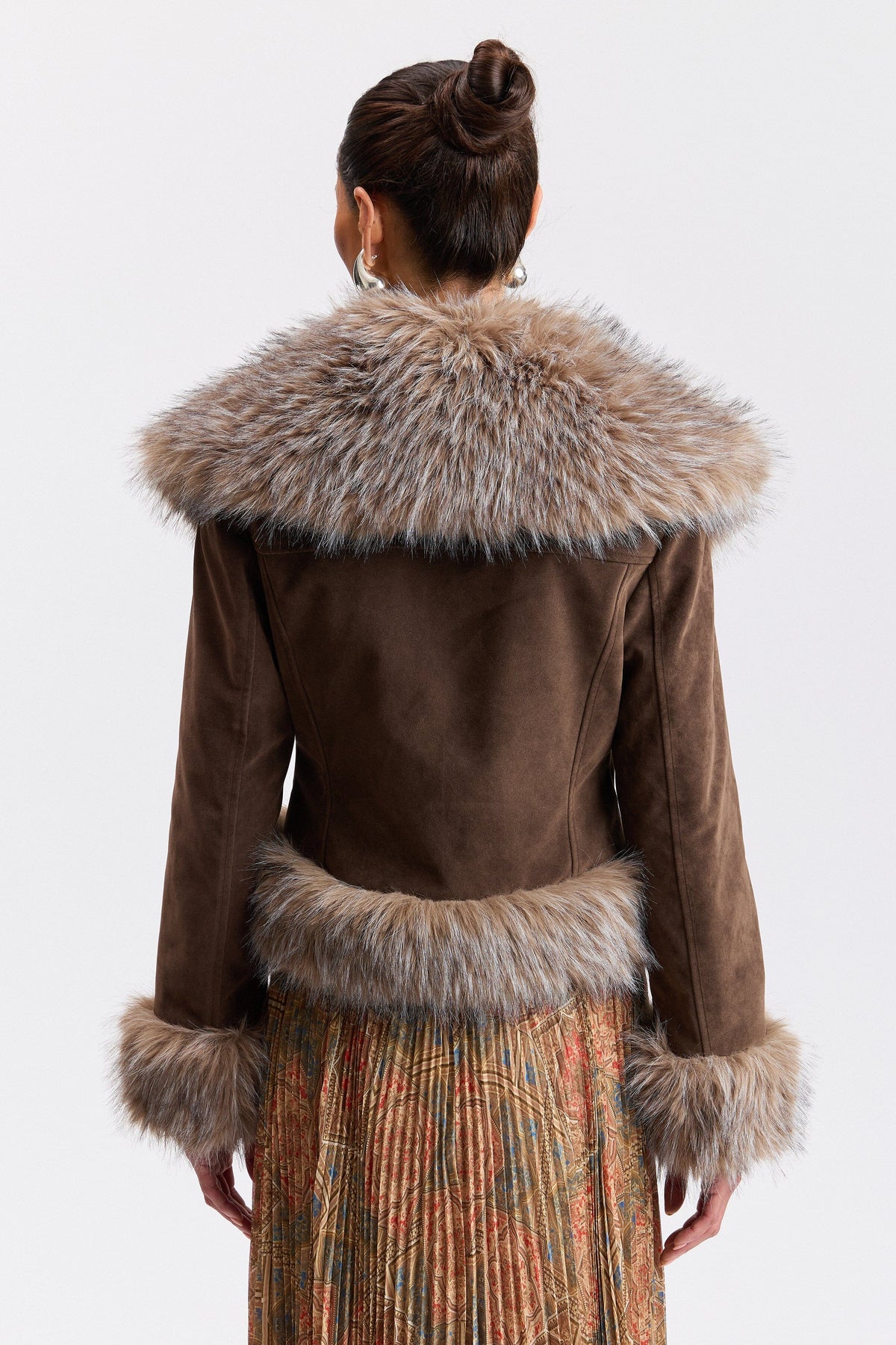 Faux suede jacket with faux fur trim coat  - Shop designer women's faux fur coats and jackets by Avec Les Filles.