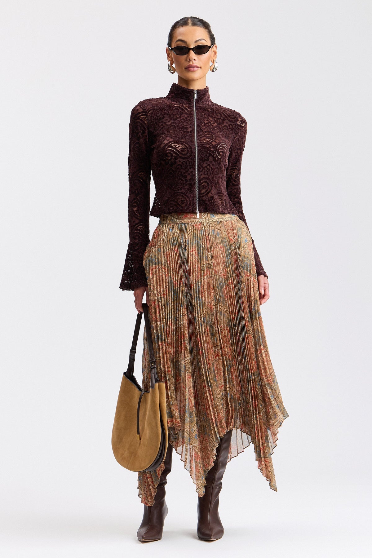 Printed chiffon pleated maxi skirt with an elastic waist - Shop designer women's cute maxi dresses by Avec Les Filles.
