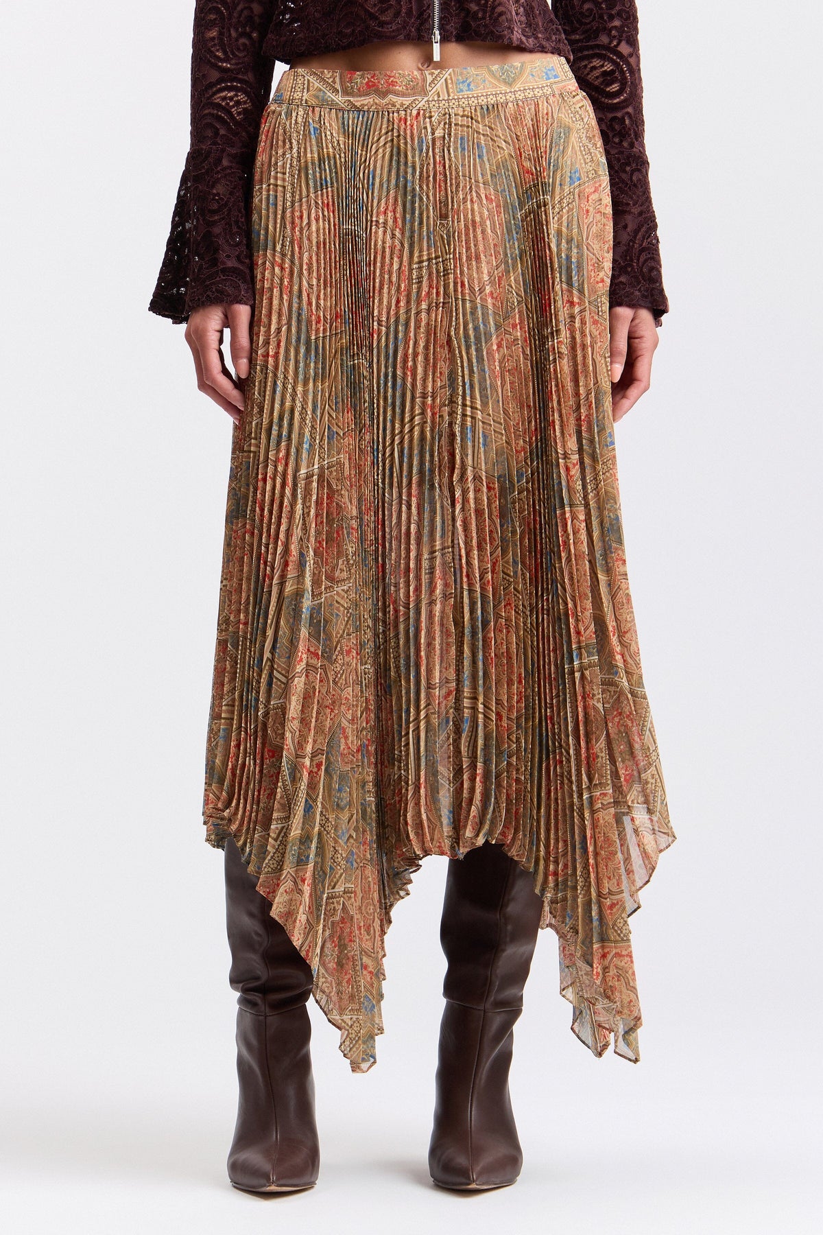 Printed chiffon pleated maxi skirt with an elastic waist - Shop designer women's cute maxi dresses by Avec Les Filles.