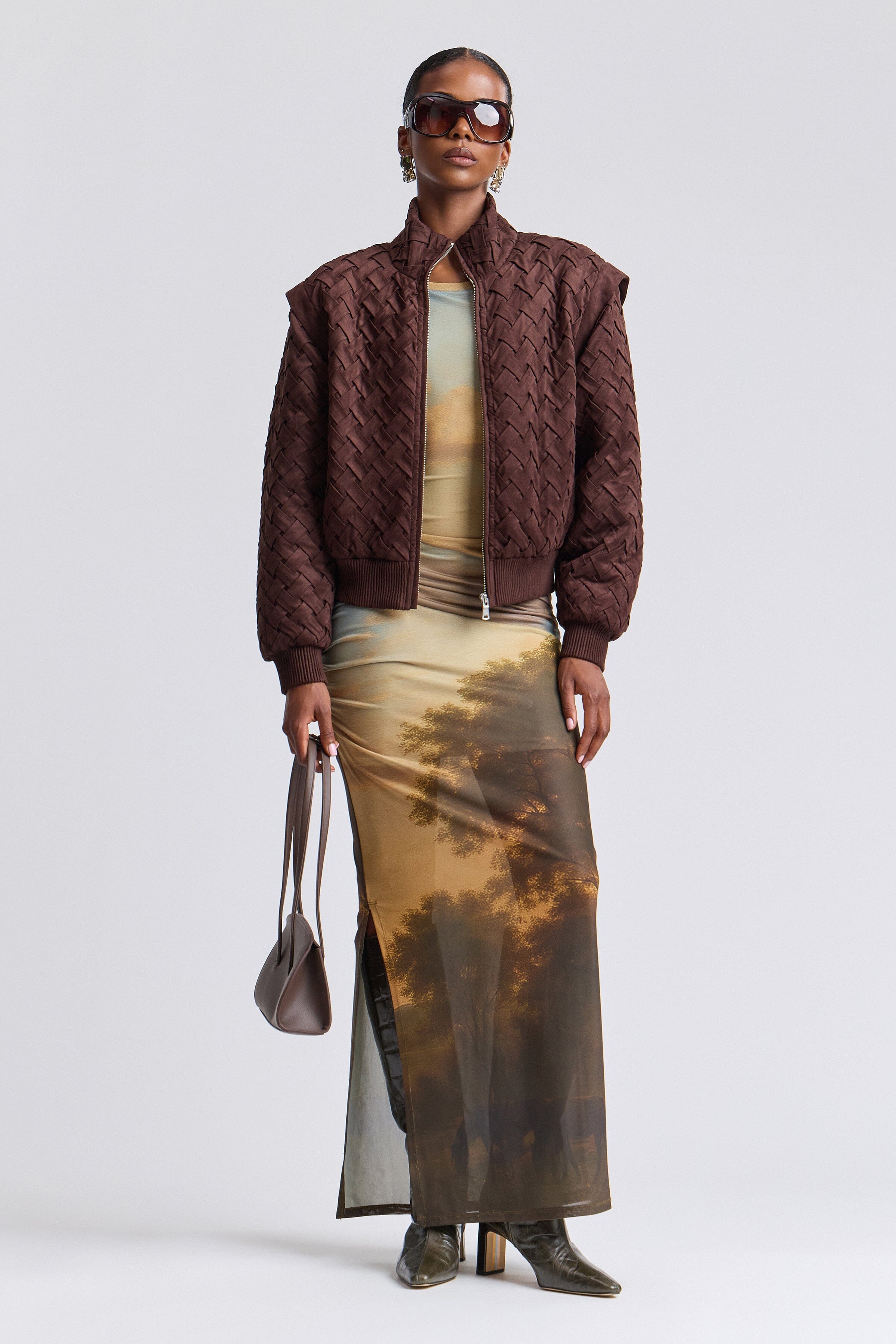 Brown faux suede bomber jacket with zip front and long sleeves - Shop women's jackets by Avec Les Filles.