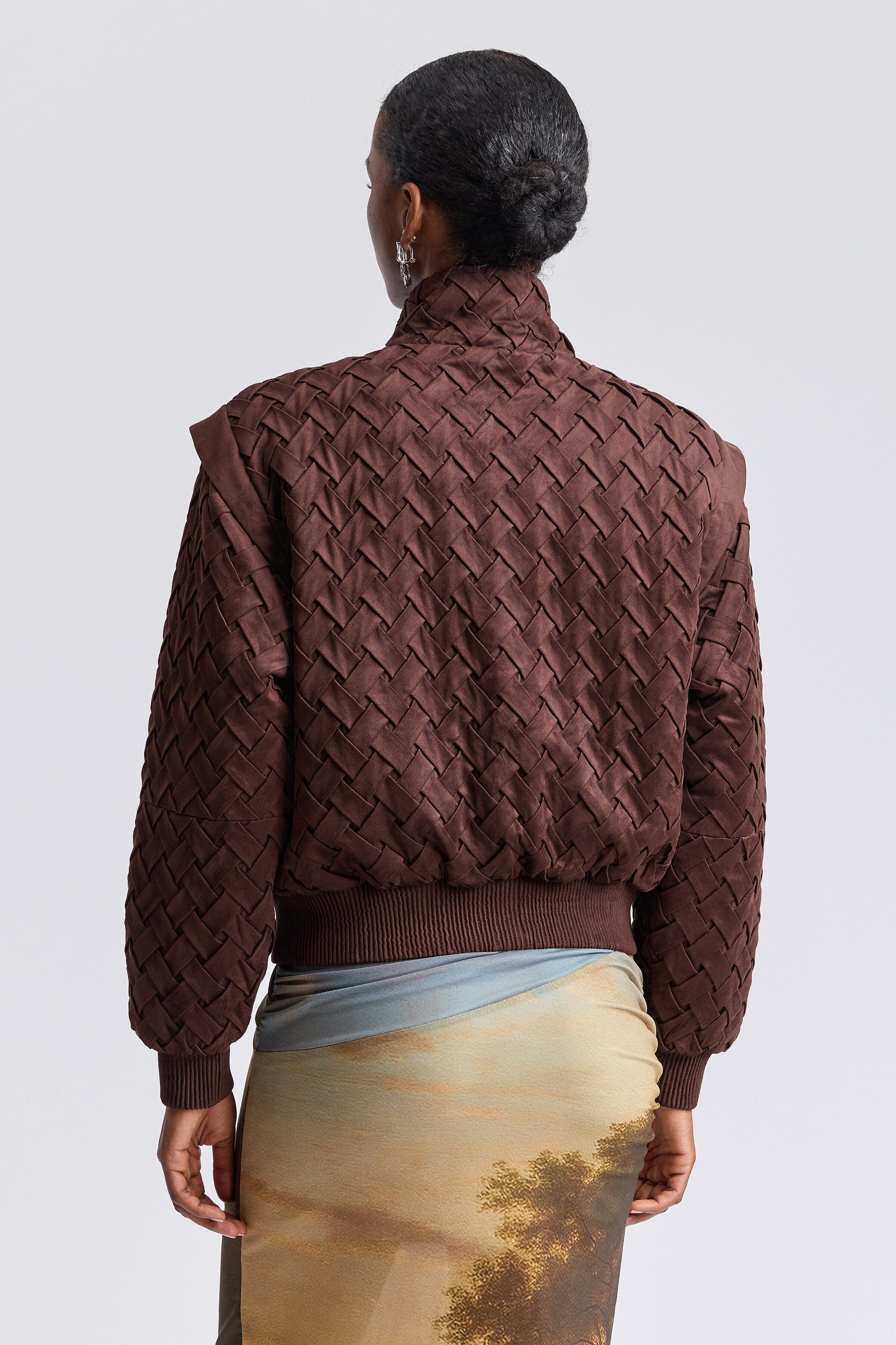 Woven dark brown faux suede bomber jacket with long sleeves - Shop women's cute bomber jackets by Avec Les Filles.