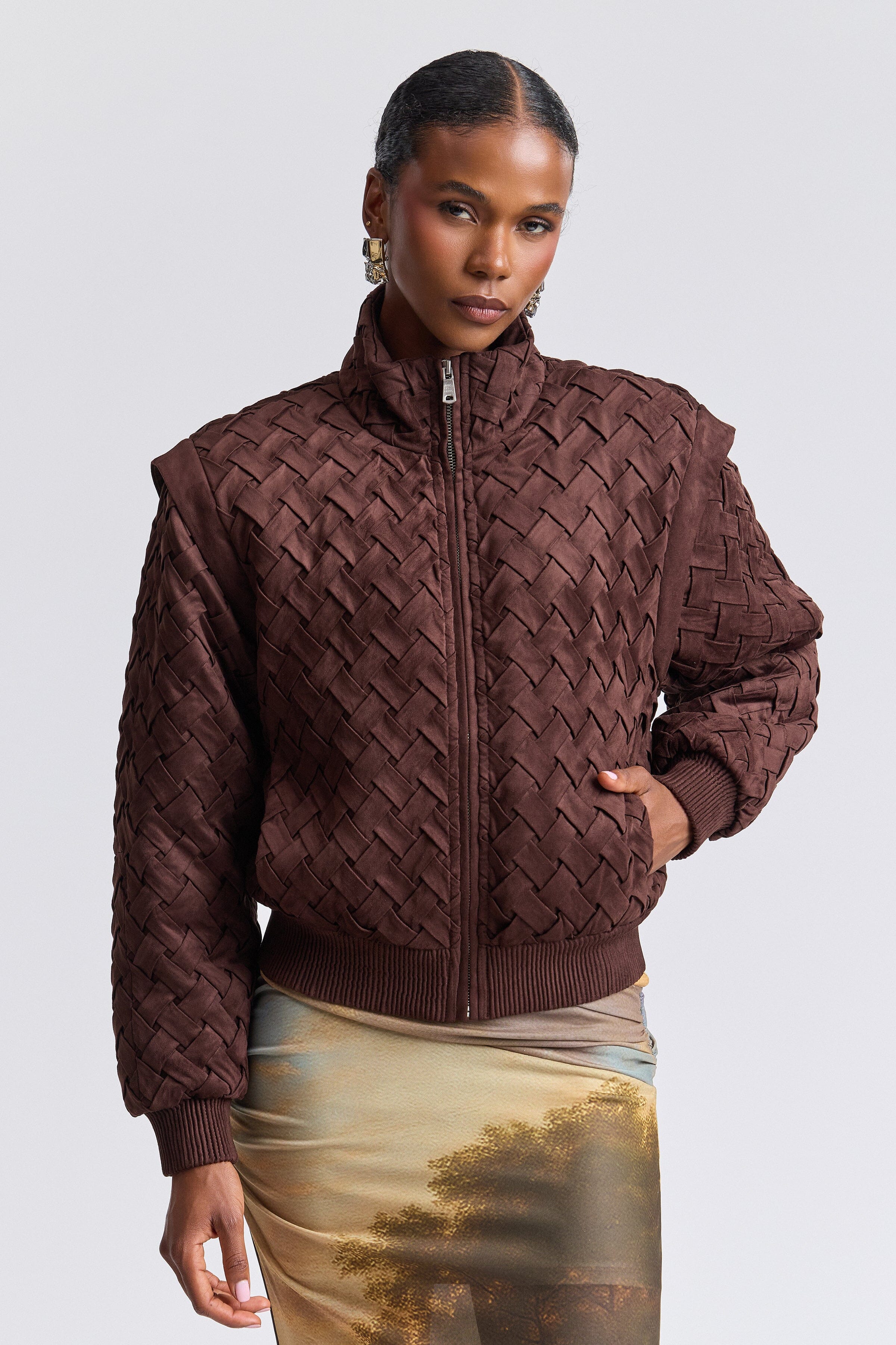 Woven brown faux suede jacket with zip front and long sleeves - Shop women's cute bomber jackets by Avec Les Filles.