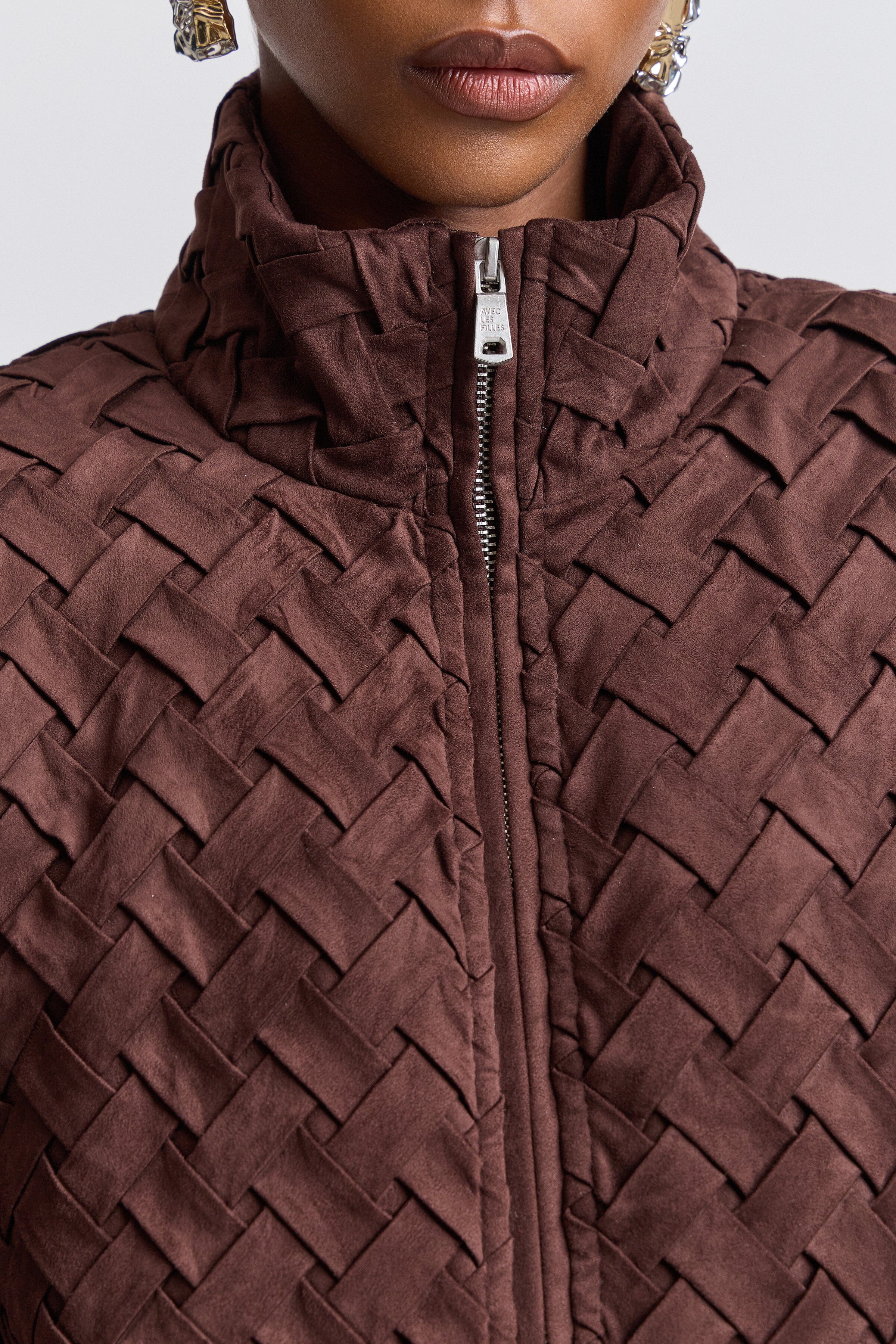 Dark brown faux suede bomber jacket with stand collar - Shop faux suede jackets for women by Avec Les Filles.