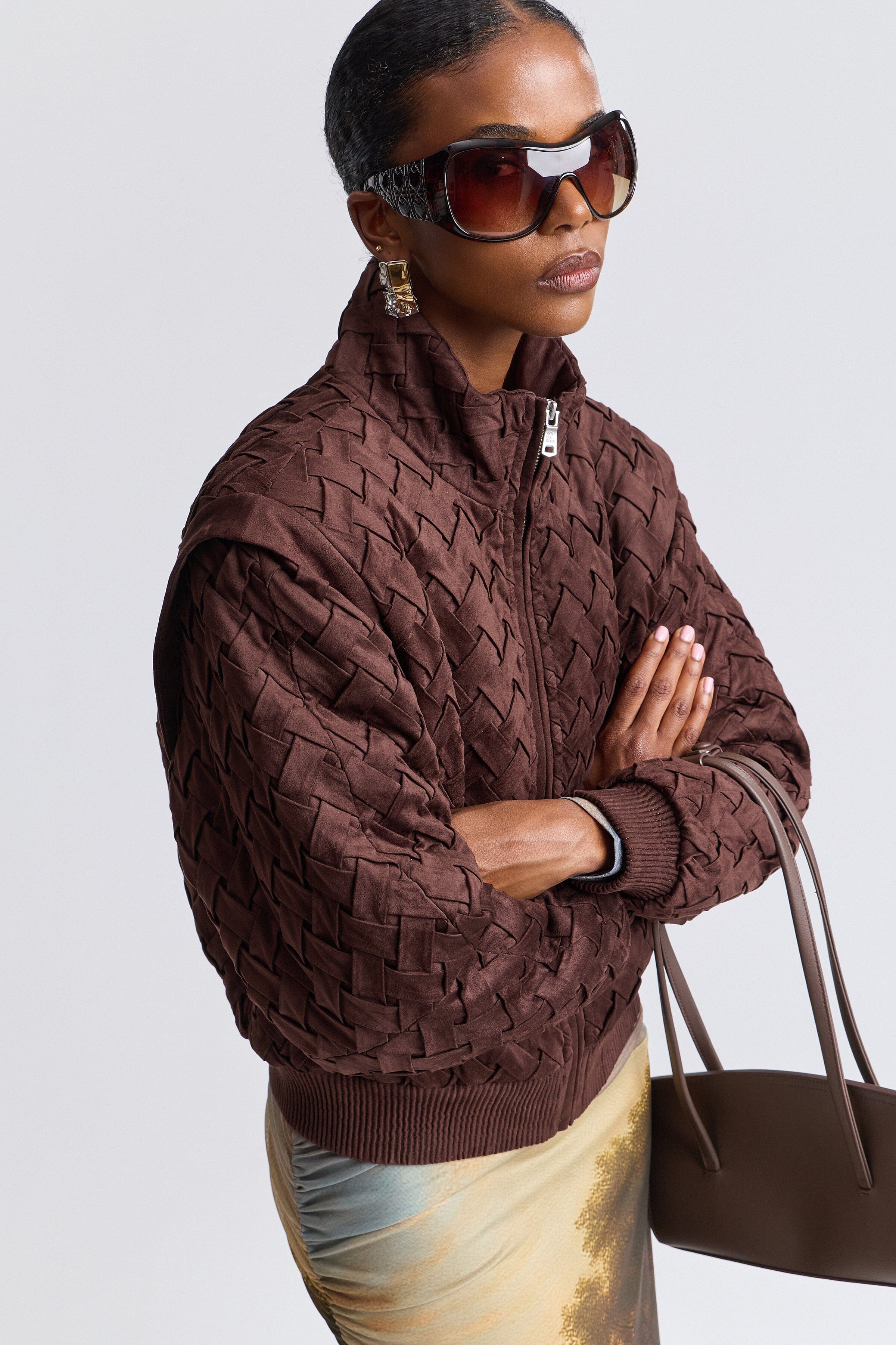 Dark brown faux suede jacket women with long sleeves - Shop designer bomber jackets by Avec Les Filles.