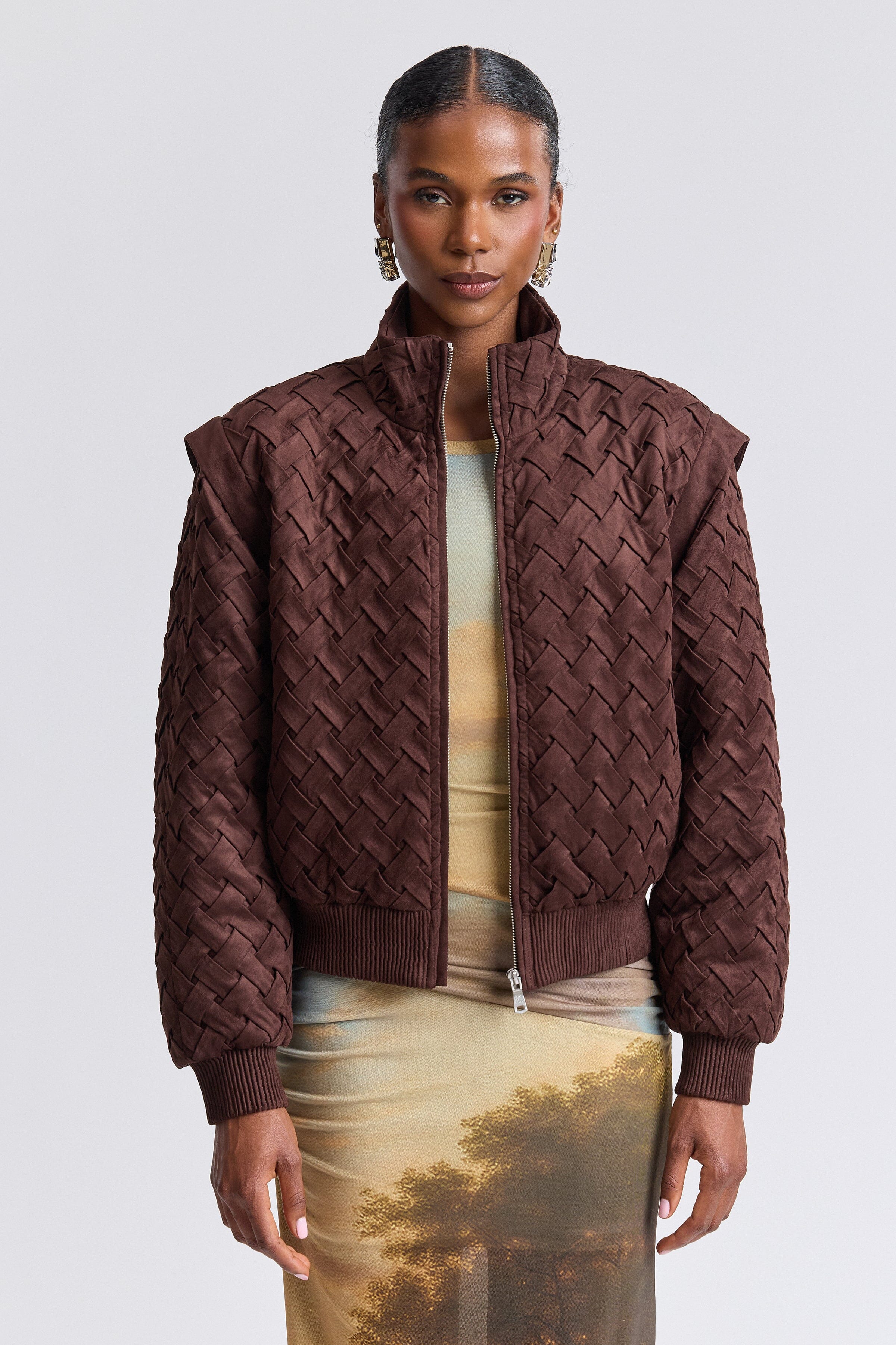 Woven dark brown faux suede bomber jacket with long sleeves - Shop women's bomber jackets by Avec Les Filles.