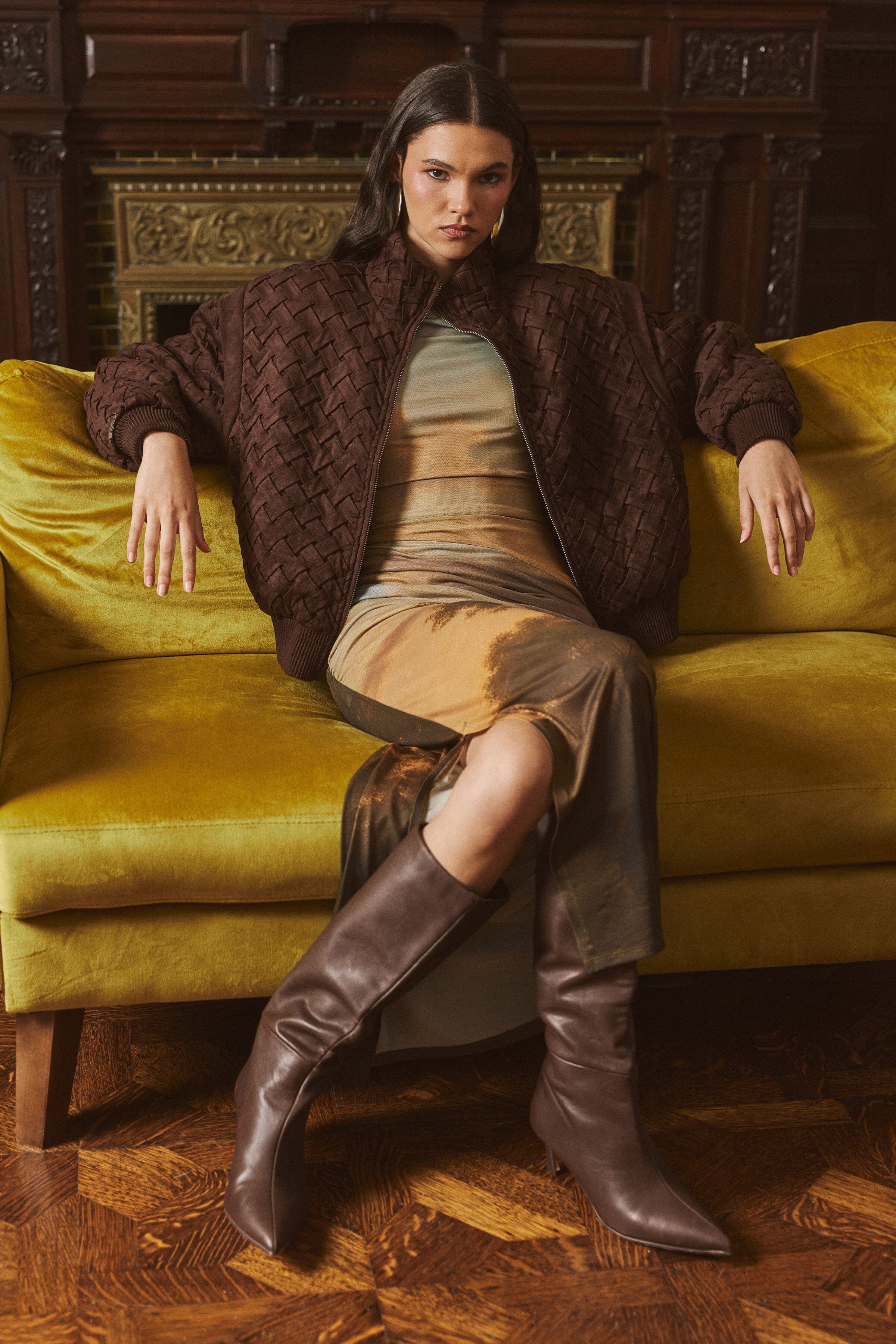 Woven dark brown faux suede bomber jacket with zip front - Shop women's cute bomber jackets by Avec Les Filles.