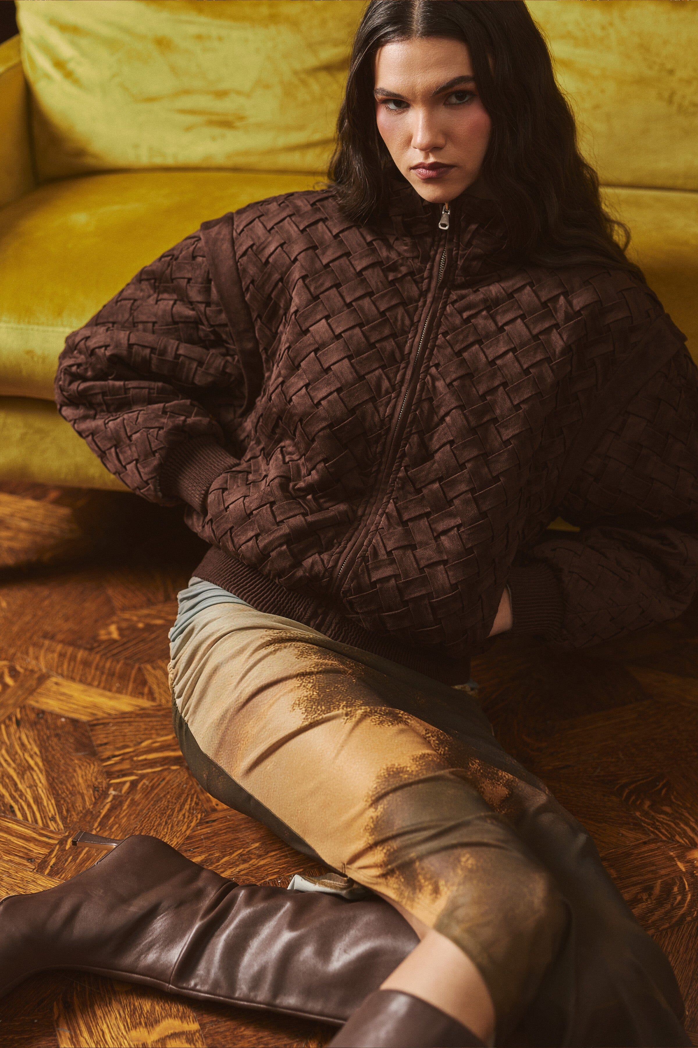 Woven dark brown faux suede bomber jacket with long sleeves - Shop women's cute bomber jackets by Avec Les Filles.