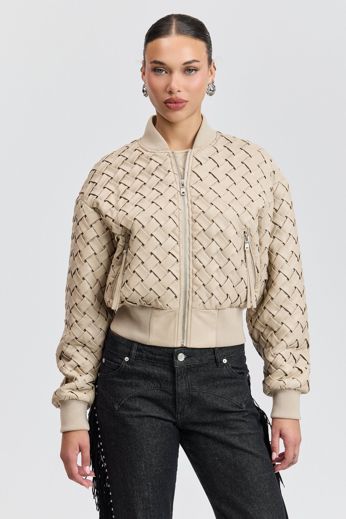 Cream woven bomber faux leather jacket with a centre-front - Shop women's cute faux leather jackets by Avec Les Filles.