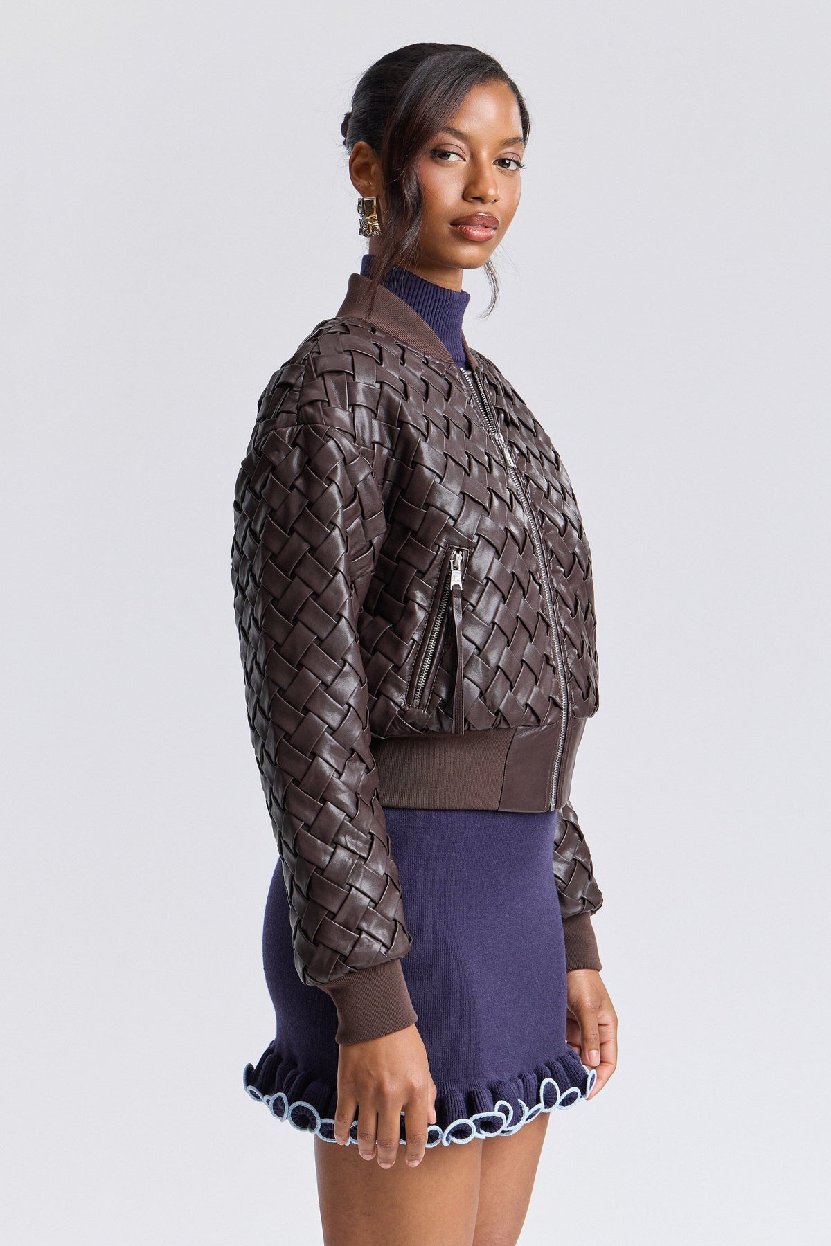 Ladies brown faux leather jacket with ribbed collar and long sleeves - Shop women's cute jackets by Avec Les Filles.