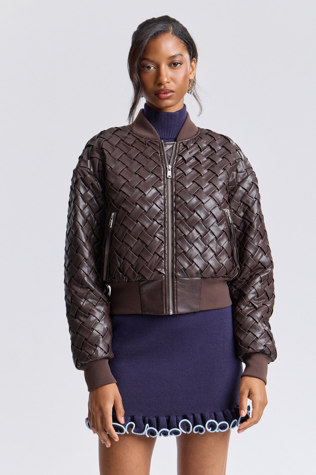 Faux leather jacket brown womens with ribbed collar and long sleeves - Shop cute jackets by Avec Les Filles.