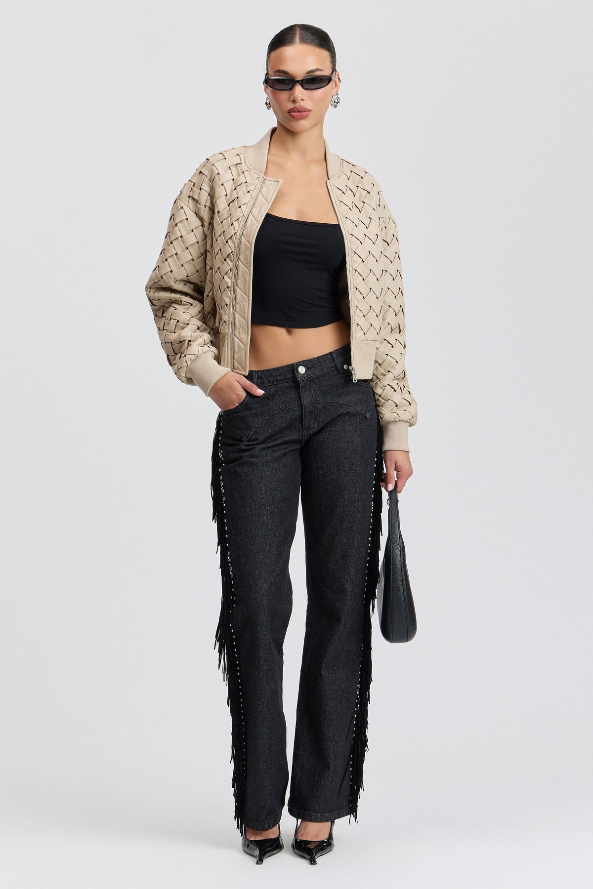 Cream woven faux leather jacket with a centre-front - Shop designer women's faux leather jackets by Avec Les Filles.